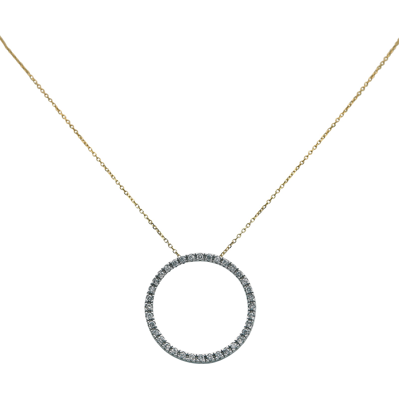 14K Yellow and White Gold Diamond Circular Pendant Necklace: METAL: 14K Yellow Gold/White Gold; APPROXIMATE TOTAL DIAMOND WEIGHT: 0.53 ctw; STAMPED: Chain marked: RCI, 14K, Indonesia; Pendant marked: AI, 14K; CONDITION: Pre-owned, Very Good; ITEM WEIGHT (GRAMS)
