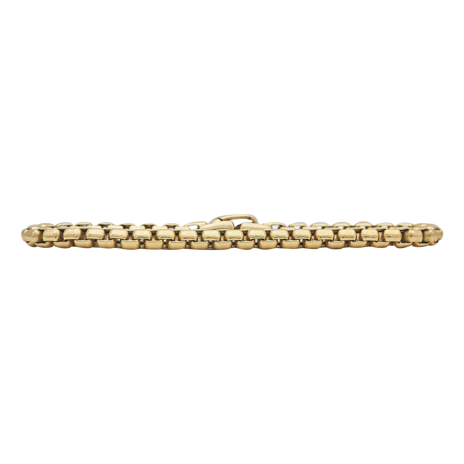 David Yurman 18K Rose Gold Box Chain Link Bracelet: BRAND: David Yurman; METAL: 18K Rose Gold; STAMPED: © DY, 750; CONDITION: Pre-owned, Very Good; ITEM WEIGHT (GRAMS): 19.5 g; MEASUREMENTS: Bracelet 8 1/2 inches long