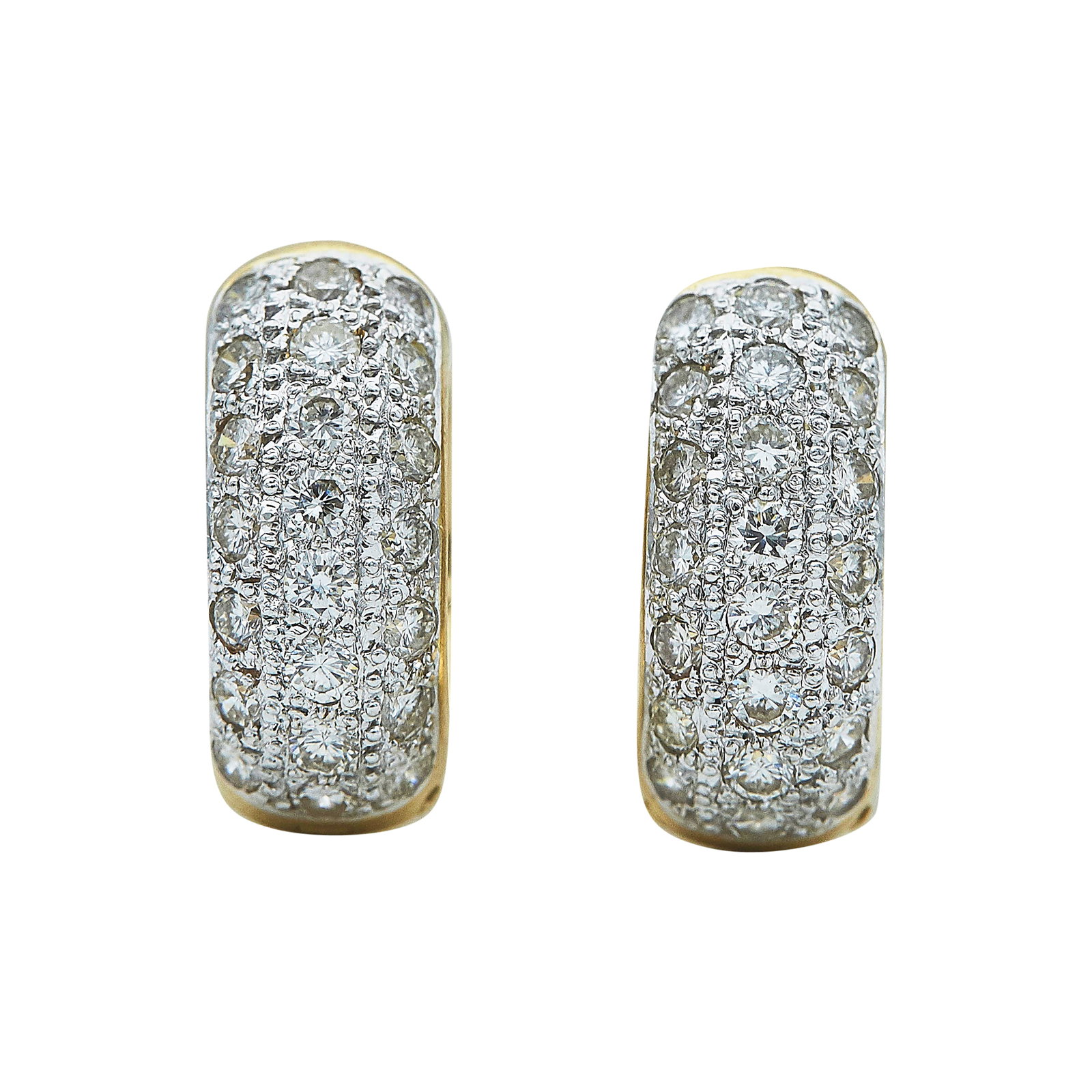 Cardow 14K Yellow and White Gold Pave Diamond Huggie Earrings: BRAND: Cardow; METAL: 14K Yellow Gold/White Gold; APPROXIMATE TOTAL DIAMOND WEIGHT: 1.76 ctw; STAMPED: 14K585, Cardow; CONDITION: Pre-owned, Very Good; ITEM WEIGHT (GRAMS): 10.43 g; MEASUREMENTS: Earr