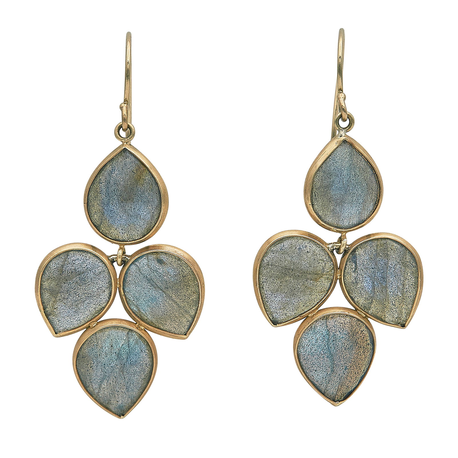 14K Yellow Gold and Labradorite Drop Earrings: METAL: 14K Yellow Gold; GEMSTONES: Labrodorite; STAMPED: 14K; CONDITION: Pre-owned, Very Good; ITEM WEIGHT (GRAMS): 5.9 g; MEASUREMENTS: Earrings 1 7/8 inch long including wires; ADDITIONAL COMMENTS: