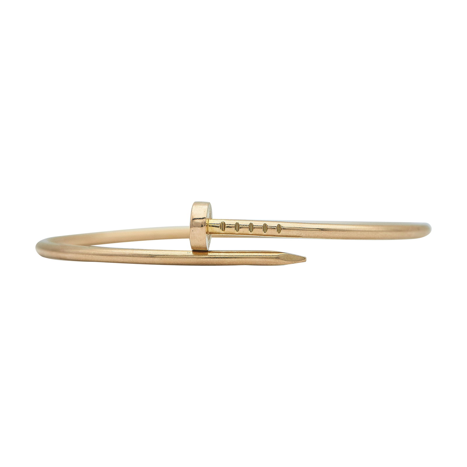 Cartier Juste un Clou Small Model 18K Rose Gold Bangle Bracelet: BRAND: Cartier; COLLECTION: Juste un Clou; METAL: 18K Rose Gold; STAMPED: Cartier, 17, serial number, Au750, Maker's Mark; CONDITION: Pre-owned, Very Good; ITEM WEIGHT (GRAMS): 9.5 g; MEASUREMENTS: Ca