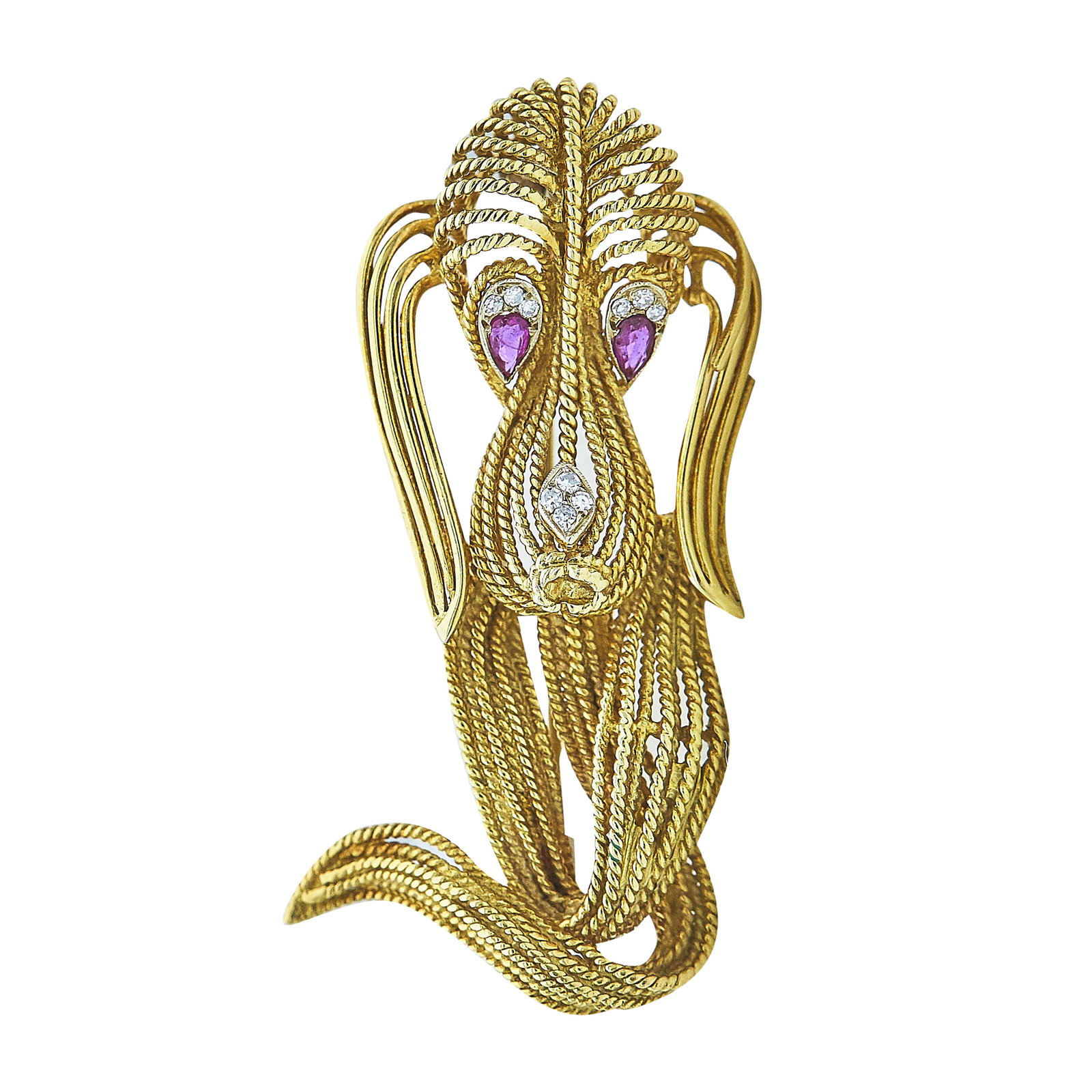 H. Stern 18K Yellow and White Gold Ruby and Diamond Dog Pin Brooch: BRAND: H. Stern; METAL: 18K Yellow Gold/White Gold; APPROXIMATE TOTAL DIAMOND WEIGHT: 0.10 ctw; GEMSTONES: Ruby; STAMPED: Maker's Mark, 18K; CONDITION: Pre-owned, Very Good; ITEM WEIGHT (GRAMS): 16.9
