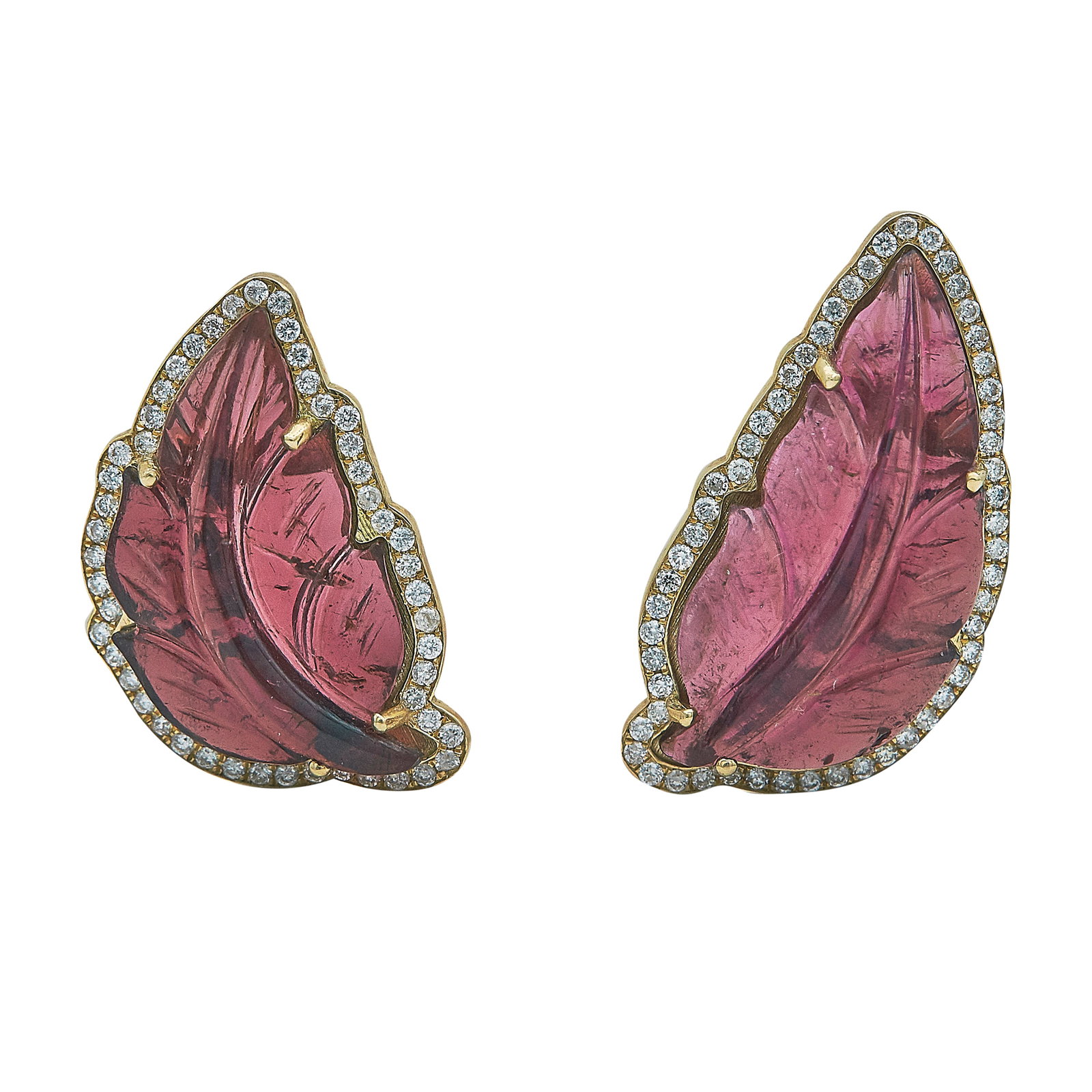 18K Yellow Gold Carved Rubellite Tourmaline and Diamond Leaf Earrings: METAL: 18K Yellow Gold; APPROXIMATE TOTAL DIAMOND WEIGHT: 0.52 ctw; GEMSTONES: Rubellite; STAMPED: Backs marked 18K; TESTED: 18K Yellow Gold; CONDITION: Pre-owned, Very Good; ITEM WEIGHT (GRAMS): 6.7