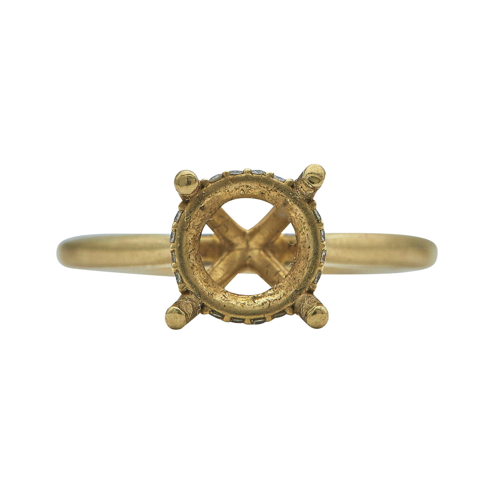 18K Yellow Gold and Diamond Ring Setting: METAL: 18K Yellow Gold; APPROXIMATE TOTAL DIAMOND WEIGHT: 0.07 ctw; STAMPED: 18K, Maker's Mark; CONDITION: Pre-owned, Very Good; ITEM WEIGHT (GRAMS): 3.4 g; MEASUREMENTS: Ring size 6, Center will fit