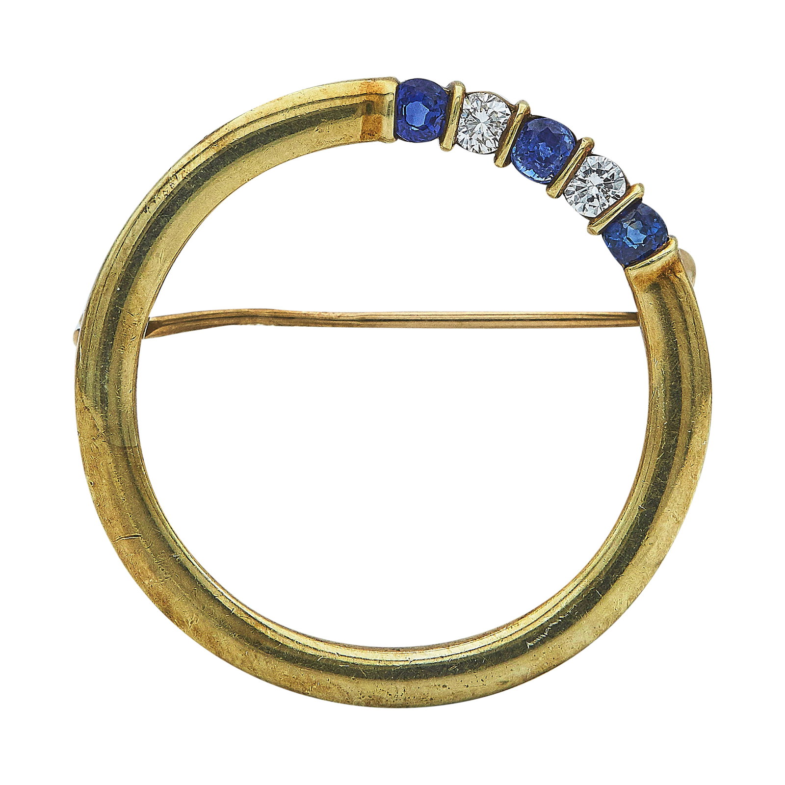 Tiffany & Co. 14K Yellow Gold Sapphire and Diamond Circle Brooch: BRAND: Tiffany & Co.; METAL: 14K Yellow Gold; APPROXIMATE TOTAL DIAMOND WEIGHT: 0.12 ctw; GEMSTONES: Sapphire; STAMPED: Tiffany, 14K; CONDITION: Pre-owned, Good; ITEM WEIGHT (GRAMS): 3.79 g; MEASUREME