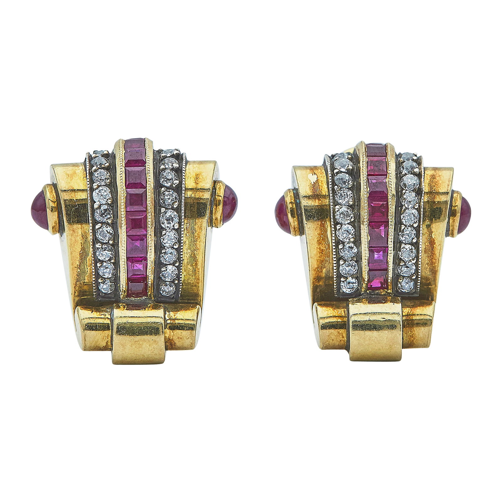Retro 18K Yellow Gold Ruby and Diamond Earrings (1 of 3)