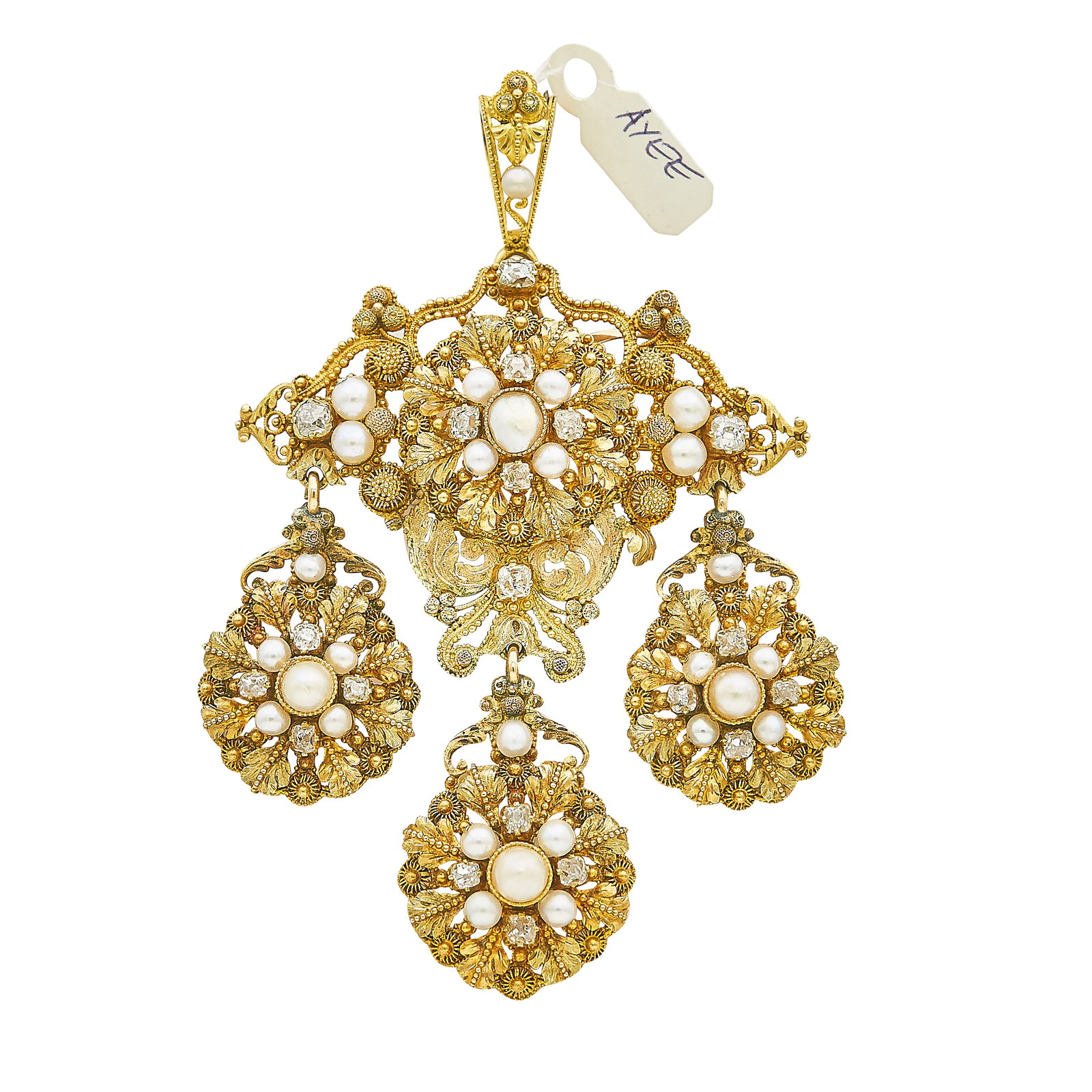 Antique Cannetille 18K Yellow Gold Pearl and Old Mine Cut Diamond Pendant (1 of 3)