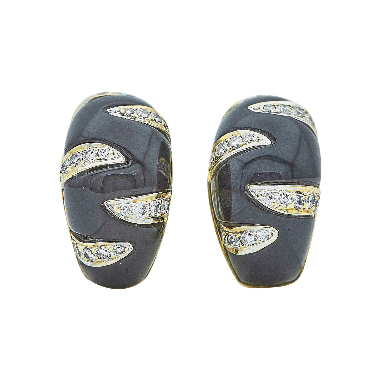 14K Yellow Gold Onyx and Diamond Half-Hoop Earrings: METAL: 14K Yellow Gold; APPROXIMATE TOTAL DIAMOND WEIGHT: 0.82 ctw; GEMSTONES: Onyx; TESTED: 14K Yellow Gold; CONDITION: Pre-owned; ITEM WEIGHT (GRAMS): 20.86 g; MEASUREMENTS: Earrings 7/8 inch long x