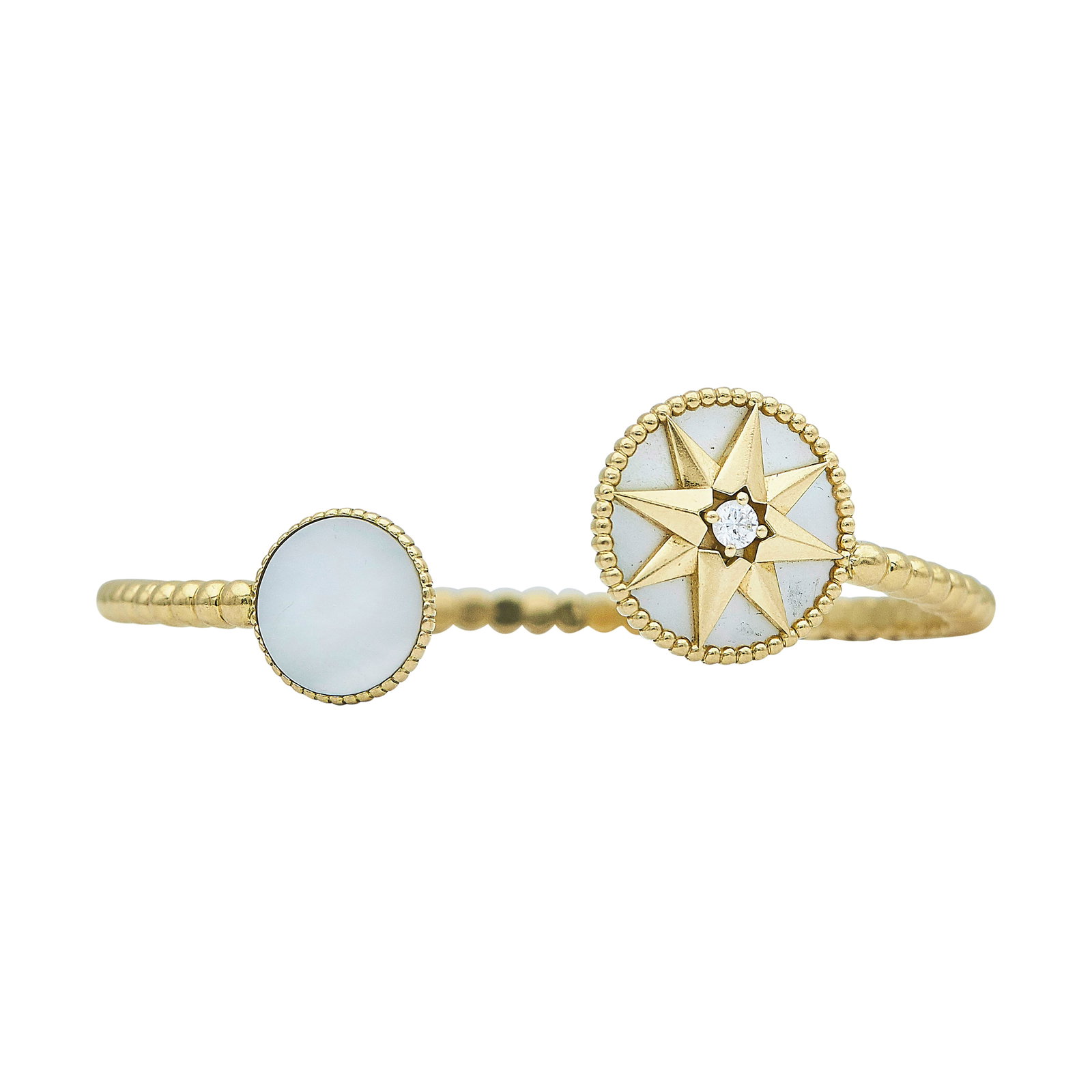 Christian Dior Rose Des Vents 18K Yellow Gold Diamond and Mother of Pearl Cuff Bracelet: BRAND: Christian Dior; METAL: 18K Yellow Gold; APPROXIMATE TOTAL DIAMOND WEIGHT: 0.10 ctw; GEMSTONES: Mother of Pearl; STAMPED: Dior, Au750, serial number; CONDITION: Pre-owned, Very Good; ITEM WEIGHT
