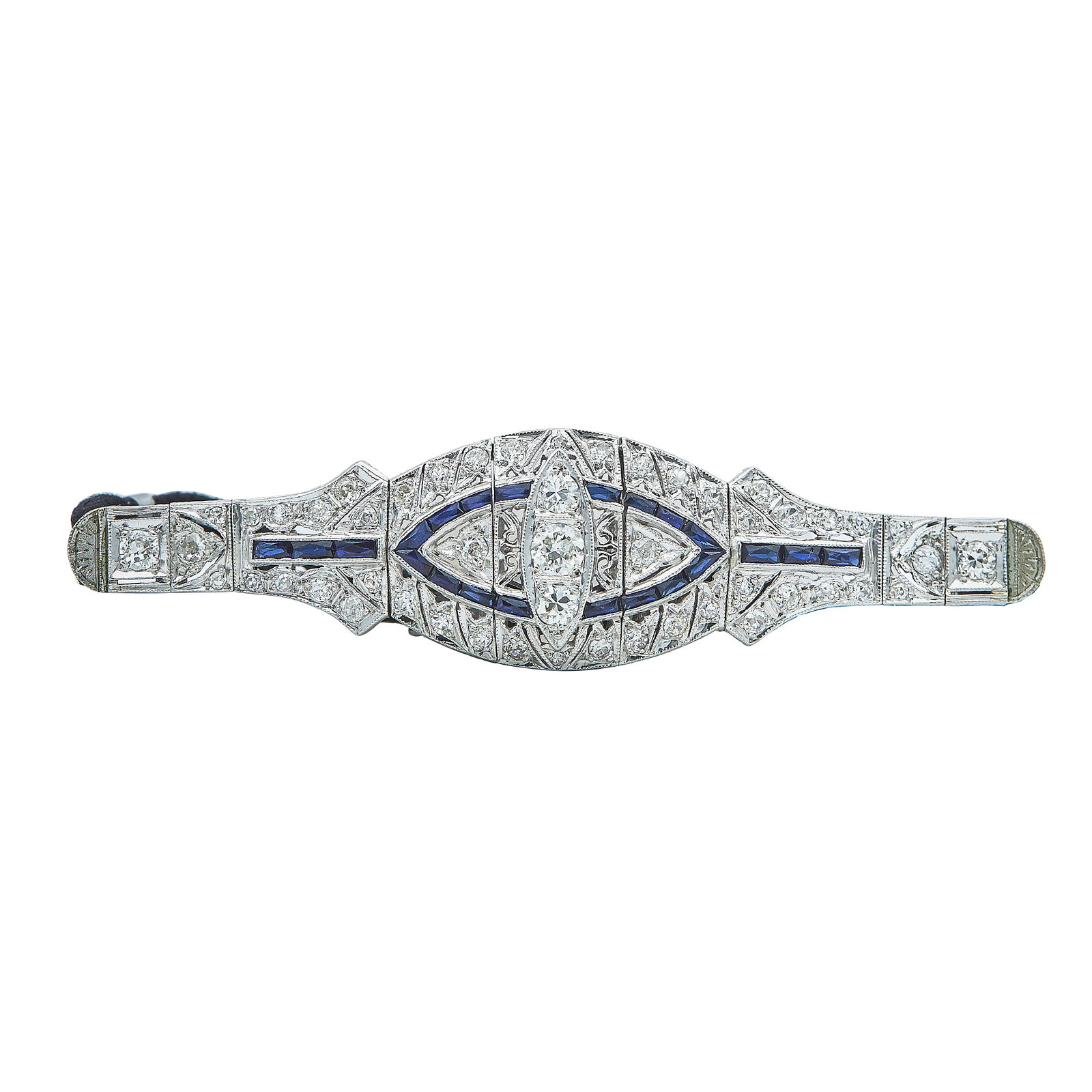 Art Deco Platinum and Black Cord Diamond and Sapphire Bracelet: METAL: Platinum; APPROXIMATE TOTAL DIAMOND WEIGHT: 1.51 ctw; GEMSTONES: Sapphires; STAMPED: Clasp marked: PONTIAC, Stainless Steel, Patent Pend., Made in USA; TESTED: Platinum; CONDITION: Pre-owned, G