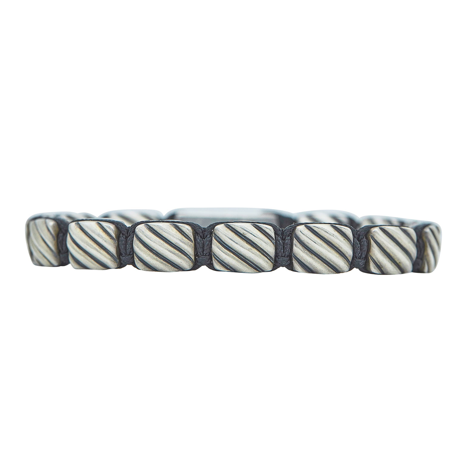 David Yurman Sculpted Cable Sterling Silver and Cord Woven Tile Bracelet: BRAND: David Yurman; COLLECTION: Sculpted Cable; METAL: Sterling Silver; STAMPED: © DY, 925; CONDITION: Pre-owned, Very Good; ITEM WEIGHT (GRAMS): 47.5 g; MEASUREMENTS: Bracelet 7 3/4 inches long