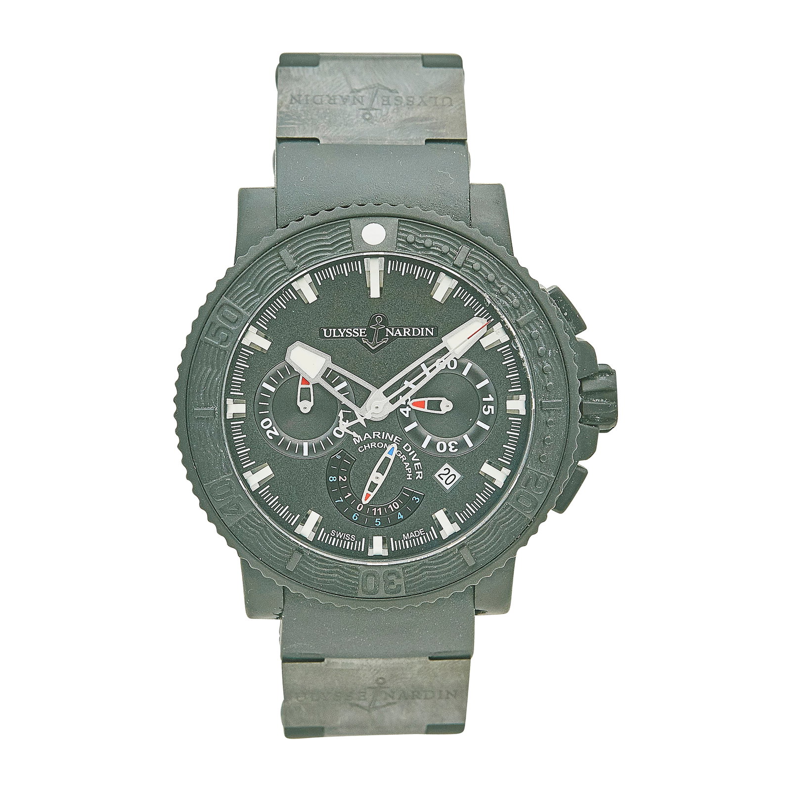 Ulysse Nardin Black Sea Diver Stainless Steel Watch Ref. 353-92/3C, circa 2015: BRAND: Ulysse Nardin; STYLE: Black Sea Chrono; REF. #: 353-92/3C; CONDITION: Pre-owned, Very Good; YEAR: Circa 2015; ADDITIONAL COMMENTS: Scratches throughout watch, Crystal with nicks around edges; C