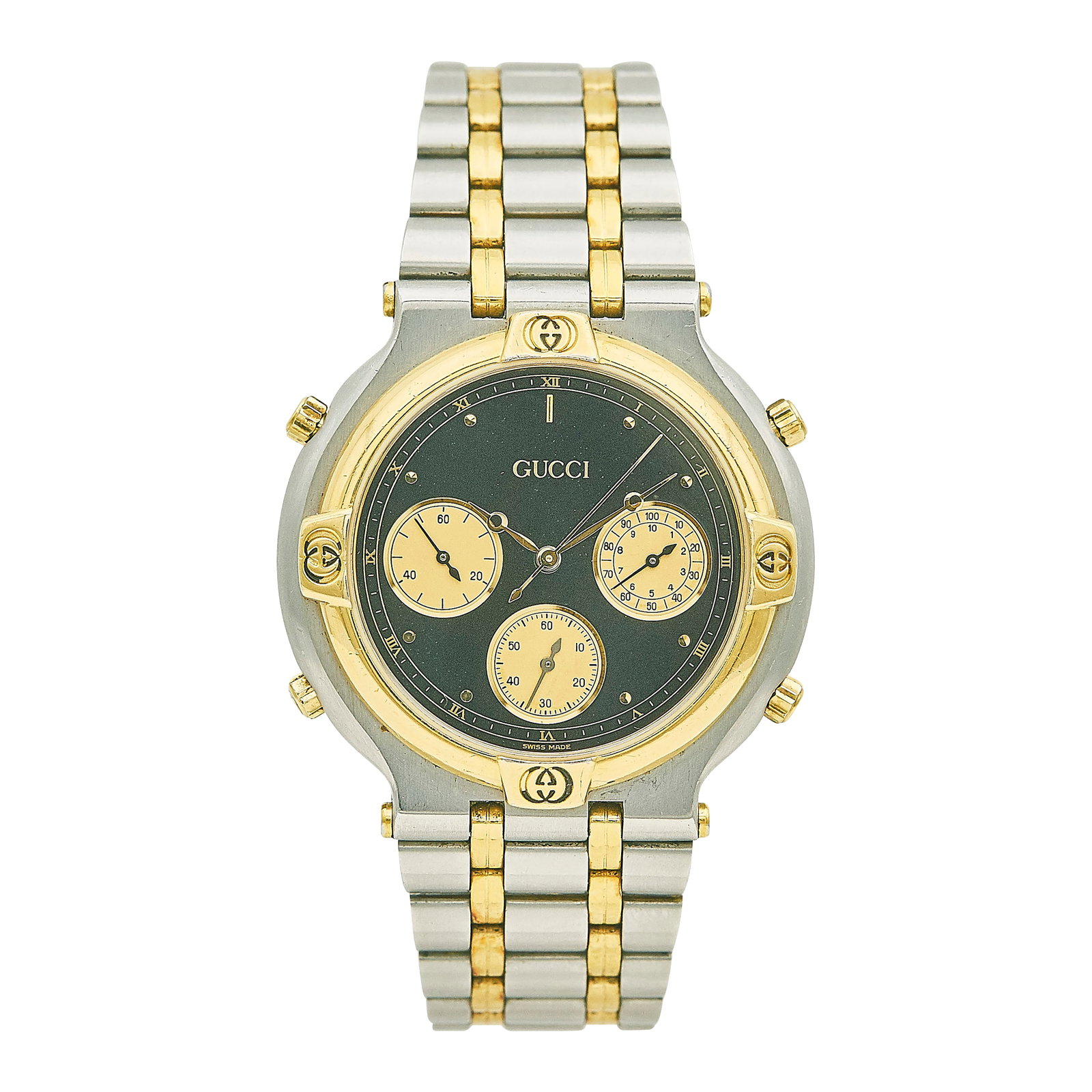 Gucci 18K Yellow Gold/SS Watch Ref. Unknown, c. 1995: BRAND: Gucci; REF. #: 9400; CONDITION: Pre-owned, Good; YEAR: Circa 1995; ADDITIONAL COMMENTS: Watch not working-service required, Scratches throughout watch; CASE SIZE (mm): 38; CASE MATERIAL: 18K Ye