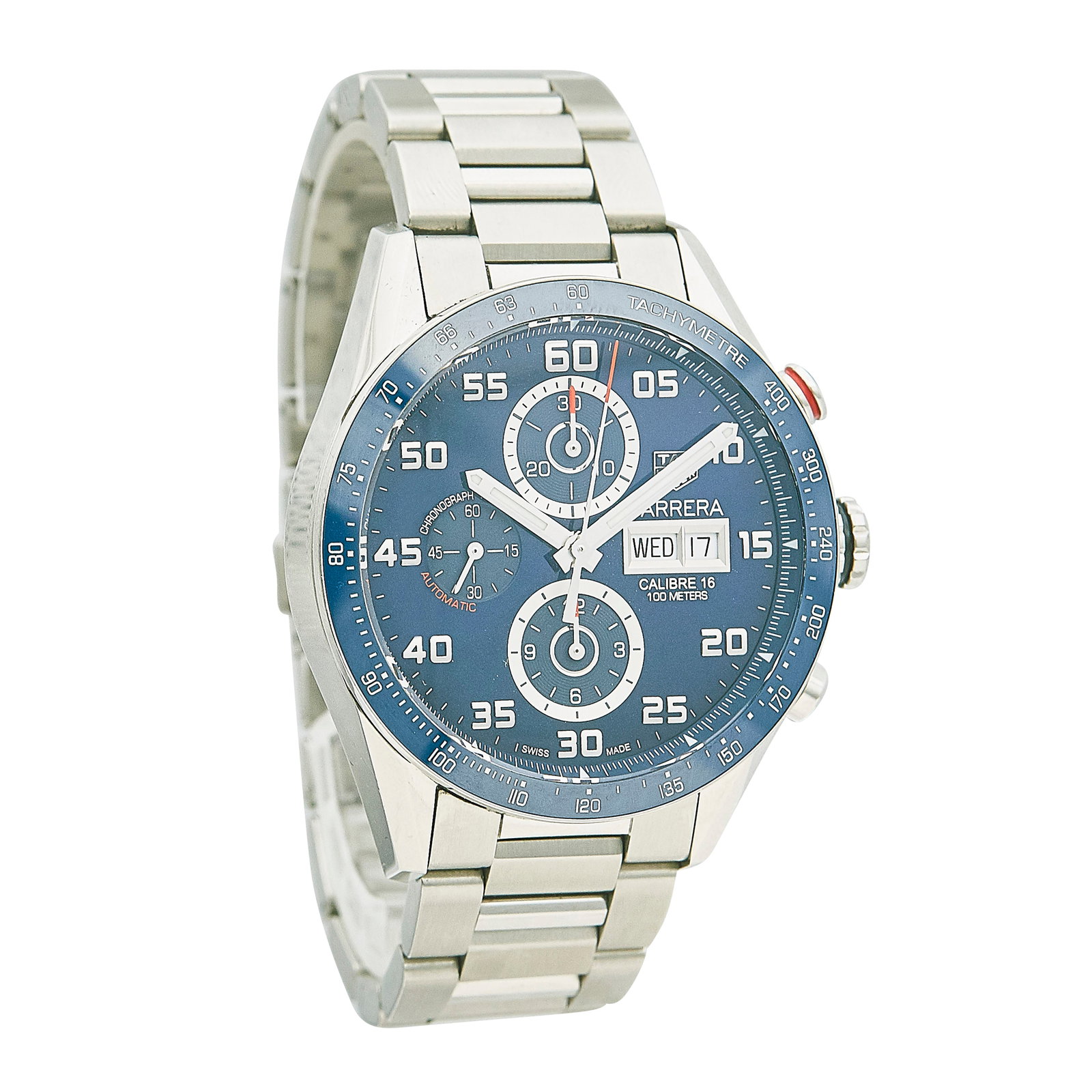 Tag Heuer Carrera Calibre 16 Stainless Steel Watch Ref. CV2A1V, 2020: BRAND: Tag Heuer; REF. #: CV2A1V; CONDITION: Pre-owned, Very Good; YEAR: 2020; ADDITIONAL COMMENTS: Light scratches throughout watch, Accompanied by receipts, warranty card, and one loose link; CASE S