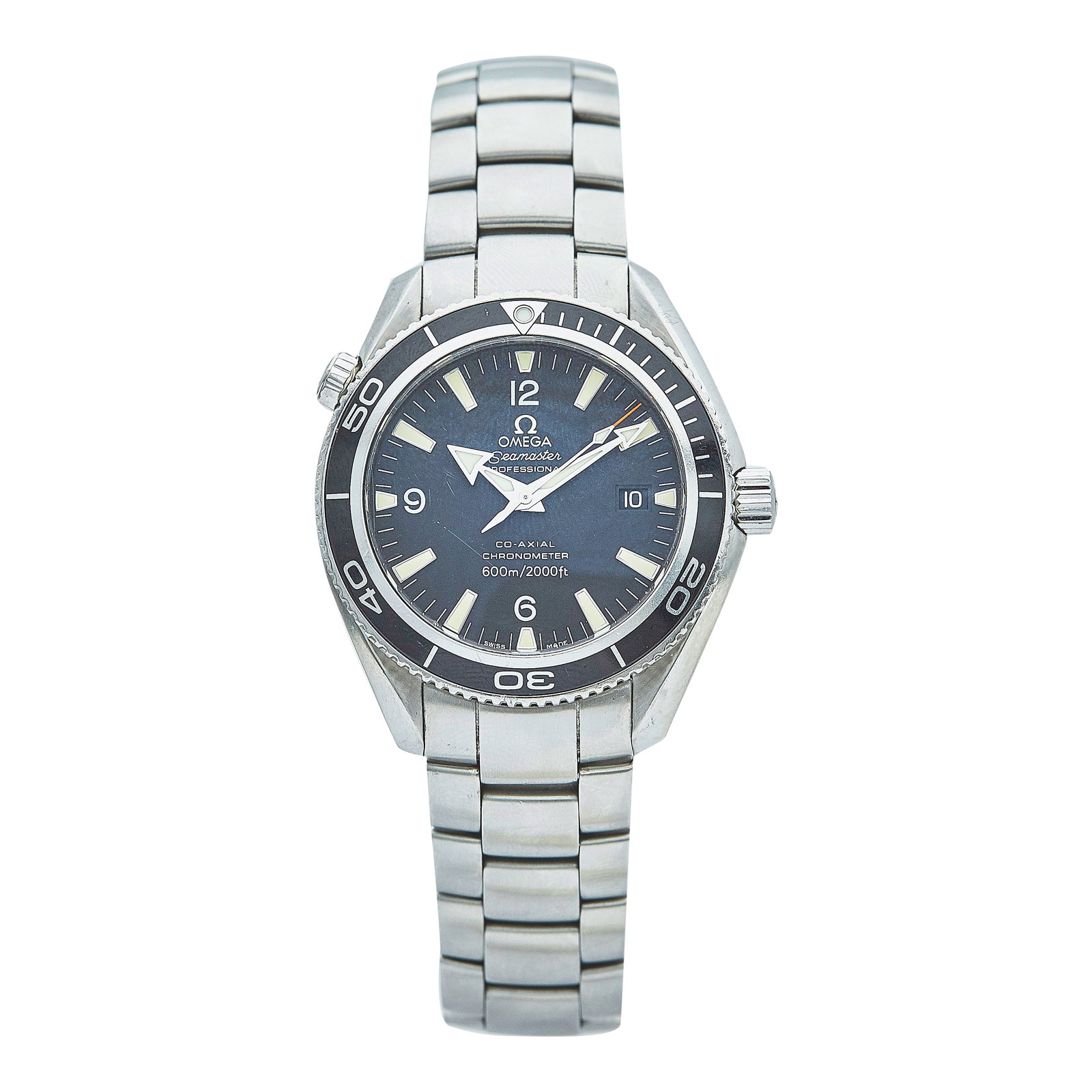 Omega Seamaster Planet Ocean Stainless Steel Watch Ref. 22.00.50, circa 2015: BRAND: Omega; STYLE: Seamaster Planet Ocean; REF. #: 22.00.50; CONDITION: Pre-owned, Good; YEAR: Circa 2015; ADDITIONAL COMMENTS: Scratches throughout watch, Light scratches on crystal; CASE SIZE (mm)