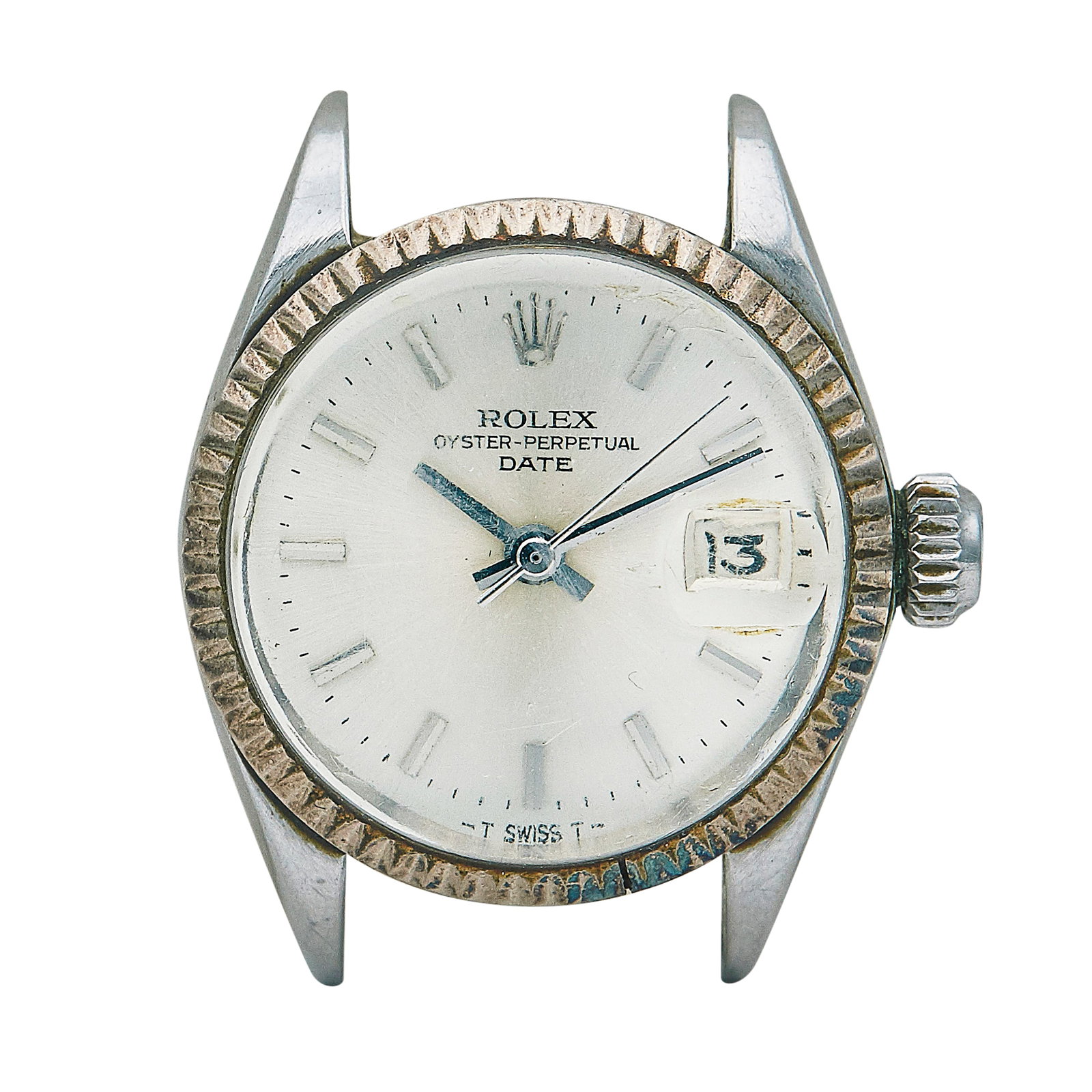Rolex Date Stainless Steel Watch Head Ref. 6516, circa 1967: BRAND: Rolex; STYLE: Date; REF. #: 6516; CONDITION: Pre-owned, Good; YEAR: Circa 1967; ADDITIONAL COMMENTS: 1.5 mil serial, Scratches throughout case, Scratches and chips on crystal; CASE SIZE (mm): 2