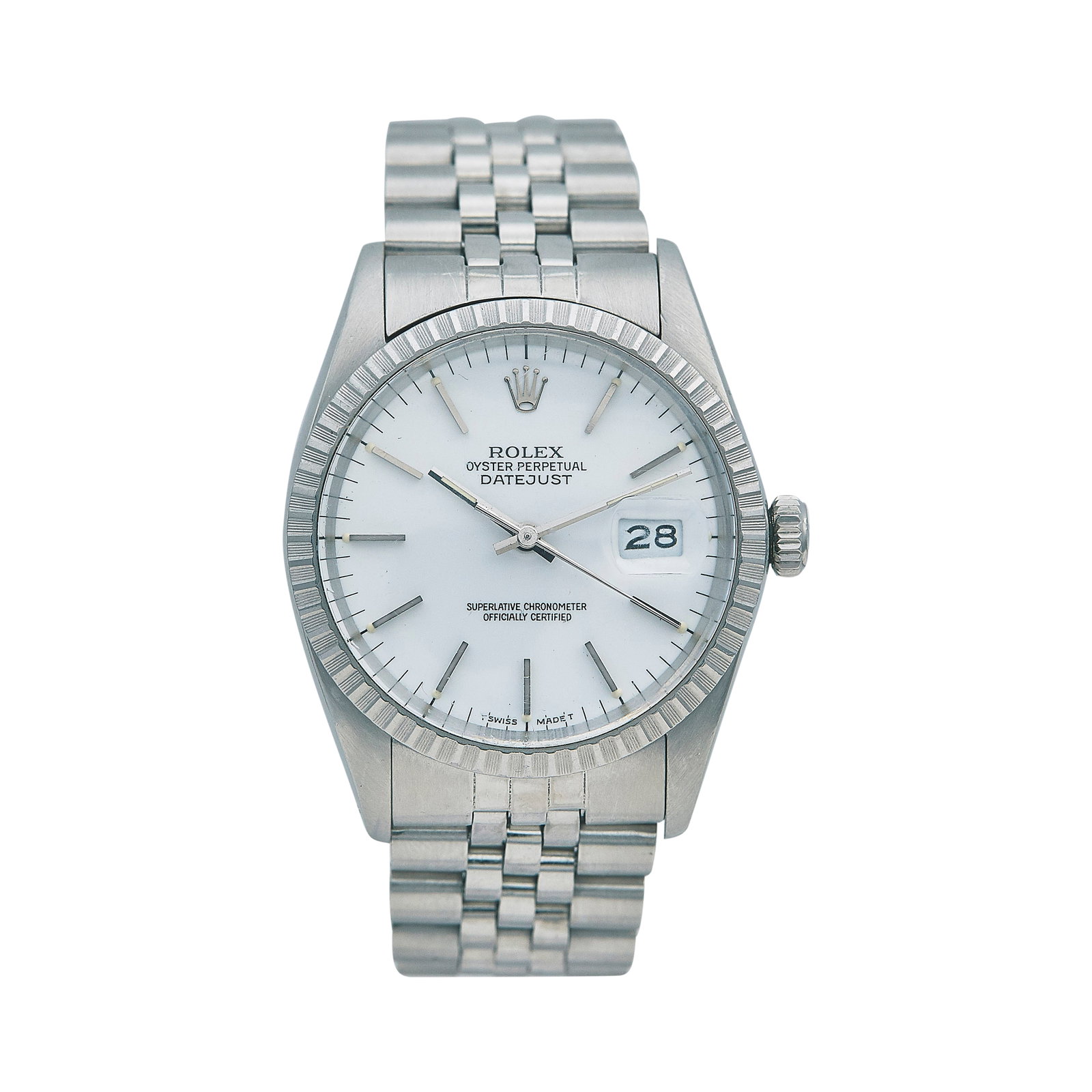 Rolex Datejust Stainless Steel Watch Ref. 16030, circa 1988: BRAND: Rolex; STYLE: Datejust; REF. #: 16030; CONDITION: Pre-owned, Very Good; YEAR: Circa 1988; ADDITIONAL COMMENTS: R serial, Scratches throughout watch, Scratches throughout crystal, Bracelet with