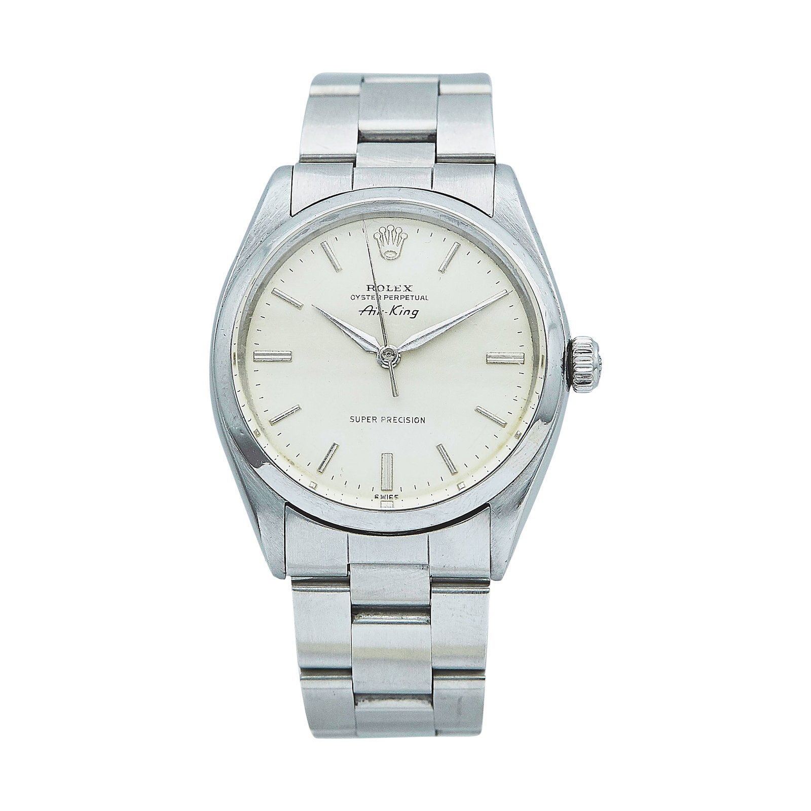 Rolex Air King Stainless Steel Watch Ref. 5500, circa 1950: BRAND: Rolex; STYLE: Air King; REF. #: 5500; CONDITION: Pre-owned, Very Good; YEAR: Circa 1950; ADDITIONAL COMMENTS: Six digit serial, Scratches throughout watch, Scratches throughout acrylic crystal,