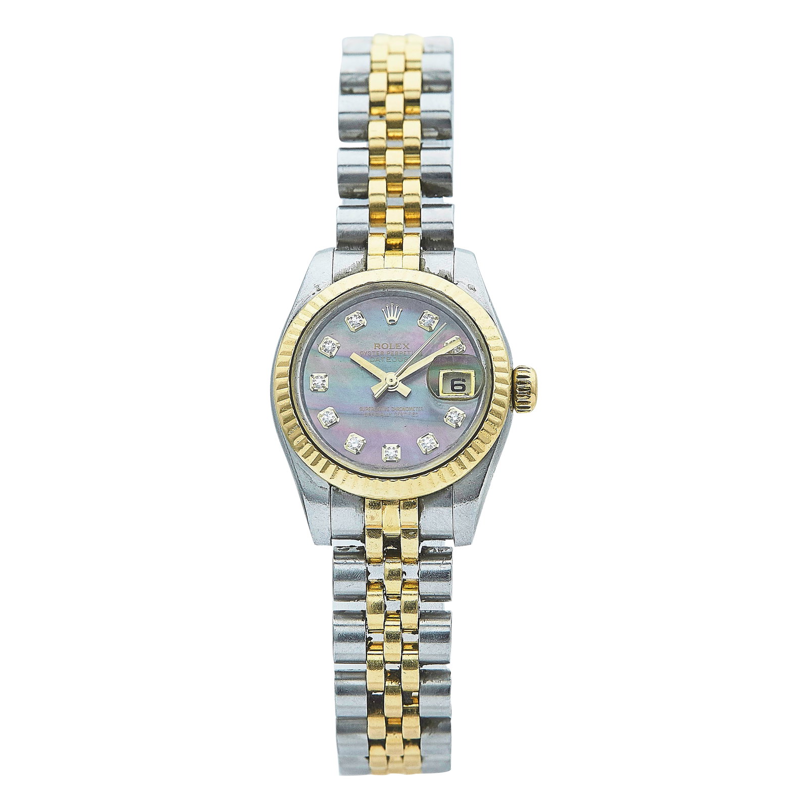 Rolex Datejust 18K Yellow Gold/SS Watch Ref. 179173, circa 2010: BRAND: Rolex; STYLE: Datejust; REF. #: 179173; CONDITION: Pre-owned, Good; YEAR: Circa 2010; ADDITIONAL COMMENTS: G serial, Scratches throughout watch, Edges of crystal heavily abraded with chips and