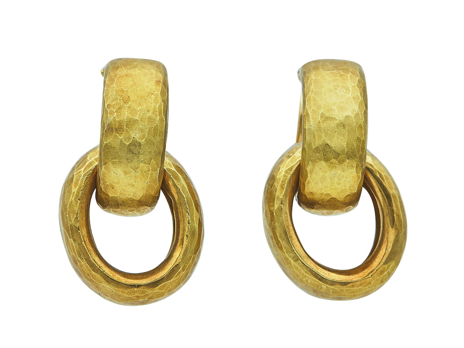 Paloma Picasso for Tiffany & Co. 18K Yellow Gold Hammered Day-to-Night Earrings: BRAND: Paloma Picasso for Tiffany & Co.; METAL: 18K Yellow Gold; STAMPED: Tiffany & Co., 750, © 89, Paloma Picasso; CONDITION: Pre-owned, Very Good; ITEM WEIGHT (GRAMS): 28.9 g; MEASUREMENTS: Earring