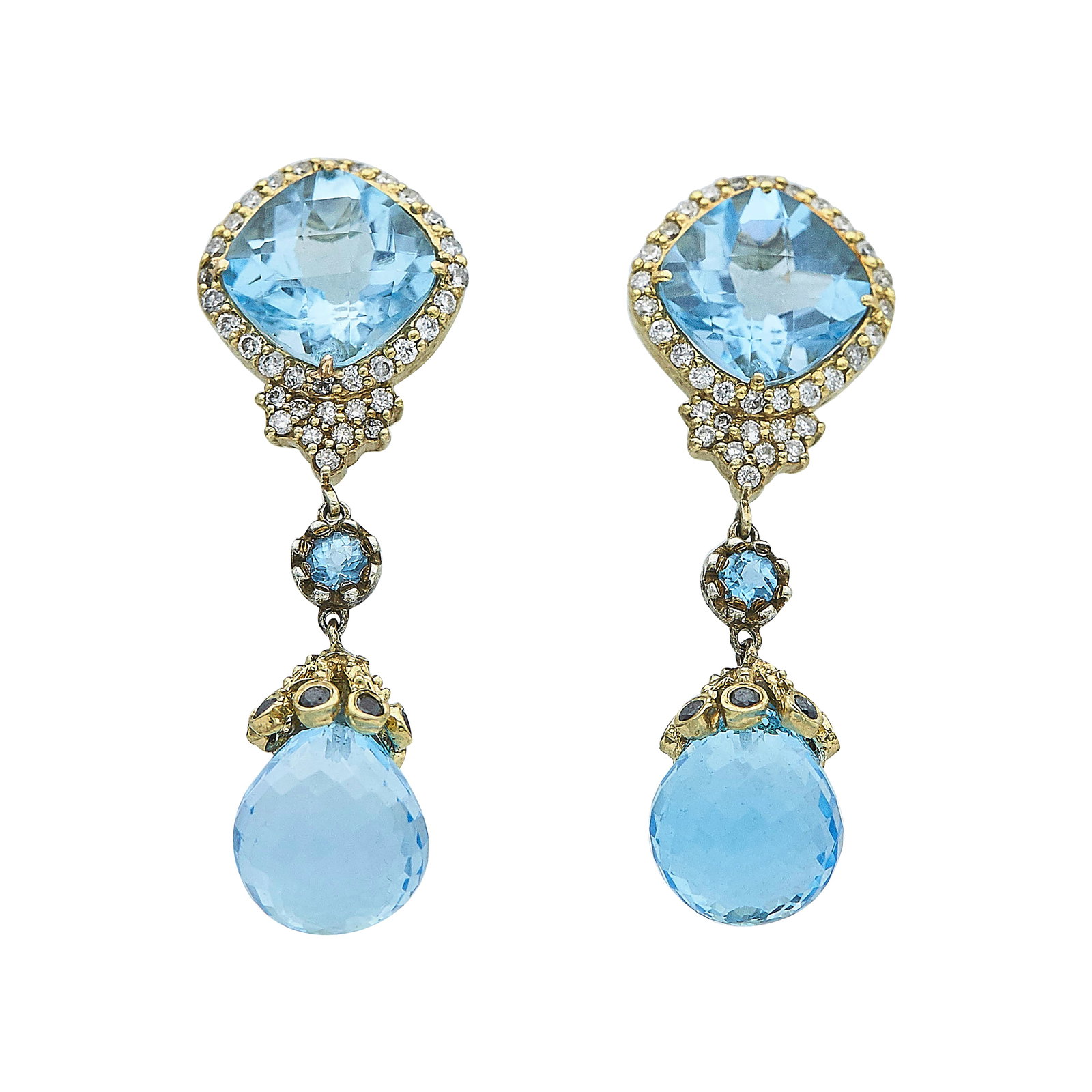 14K Yellow Gold Blue Topaz, Diamond and Black Spinel Drop Earrings (1 of 3)