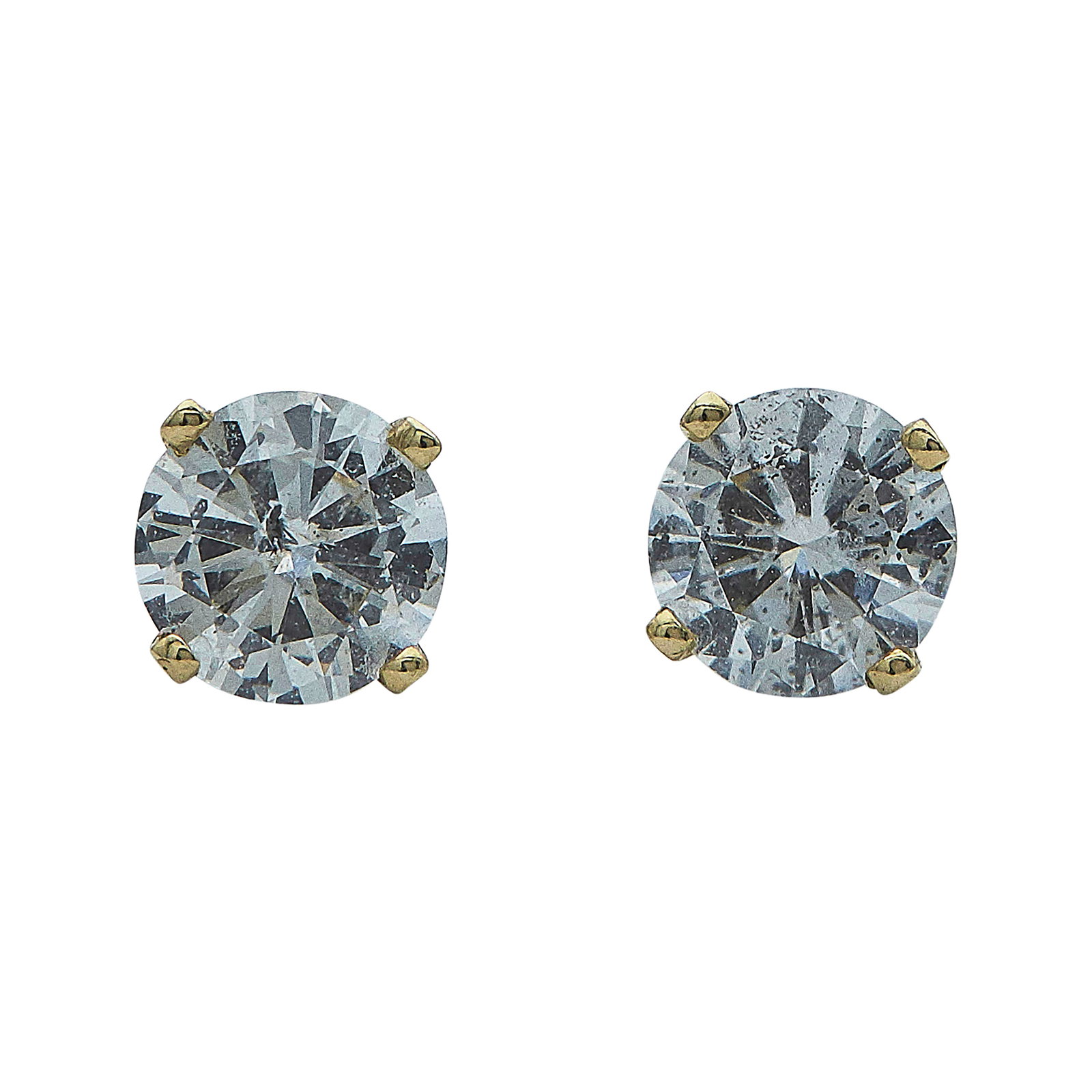 14K Yellow Gold and Round Brilliant Cut Diamond Stud Earrings: METAL: 14K Yellow Gold; APPROXIMATE TOTAL DIAMOND WEIGHT: 0.72 ctw; STAMPED: Backs marked 14K, maker's mark; TESTED: 14K Yellow Gold; CONDITION: Pre-owned, Good; ITEM WEIGHT (GRAMS): 1.1 g; MEASUREMEN