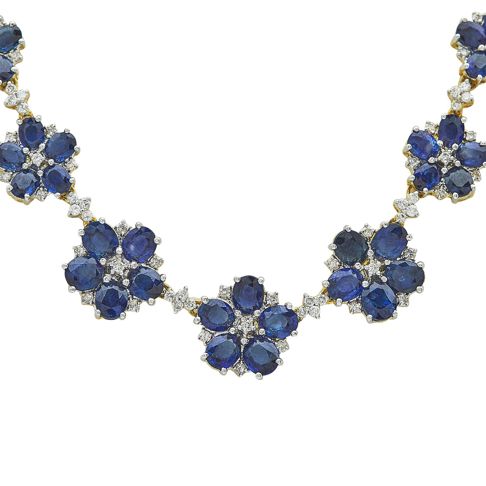 18K Yellow Gold Sapphire and Diamond Flower Link Necklace: METAL: 18K Yellow Gold; APPROXIMATE TOTAL DIAMOND WEIGHT: 3.60 ctw; GEMSTONES: Sapphires approx. total weight 46.55 carats, Weight estimated by formula; STAMPED: D3.60, K18, 750, 46.55; CONDITION: Pre