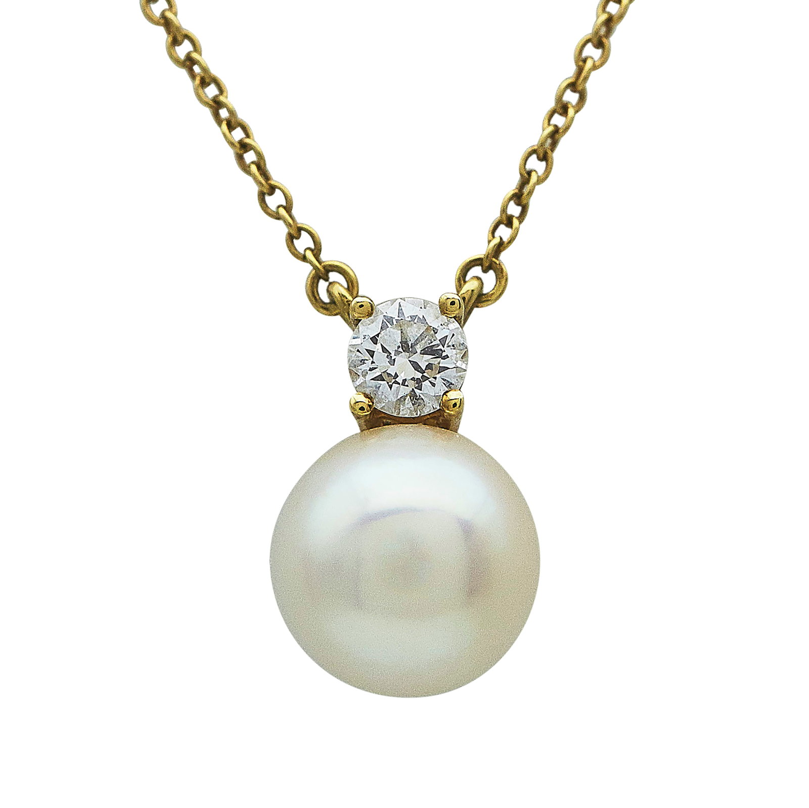 Tiffany & Co. 18K Yellow Gold Cultured Pearl and Diamond Pendant Necklace: BRAND: Tiffany & Co.; METAL: 18K Yellow Gold; APPROXIMATE TOTAL DIAMOND WEIGHT: 0.21 ctw; GEMSTONES: Cultured Pearl approx. 8.00mm in diameter; STAMPED: Pendant marked: T & Co., 750; Chain marked: Tif