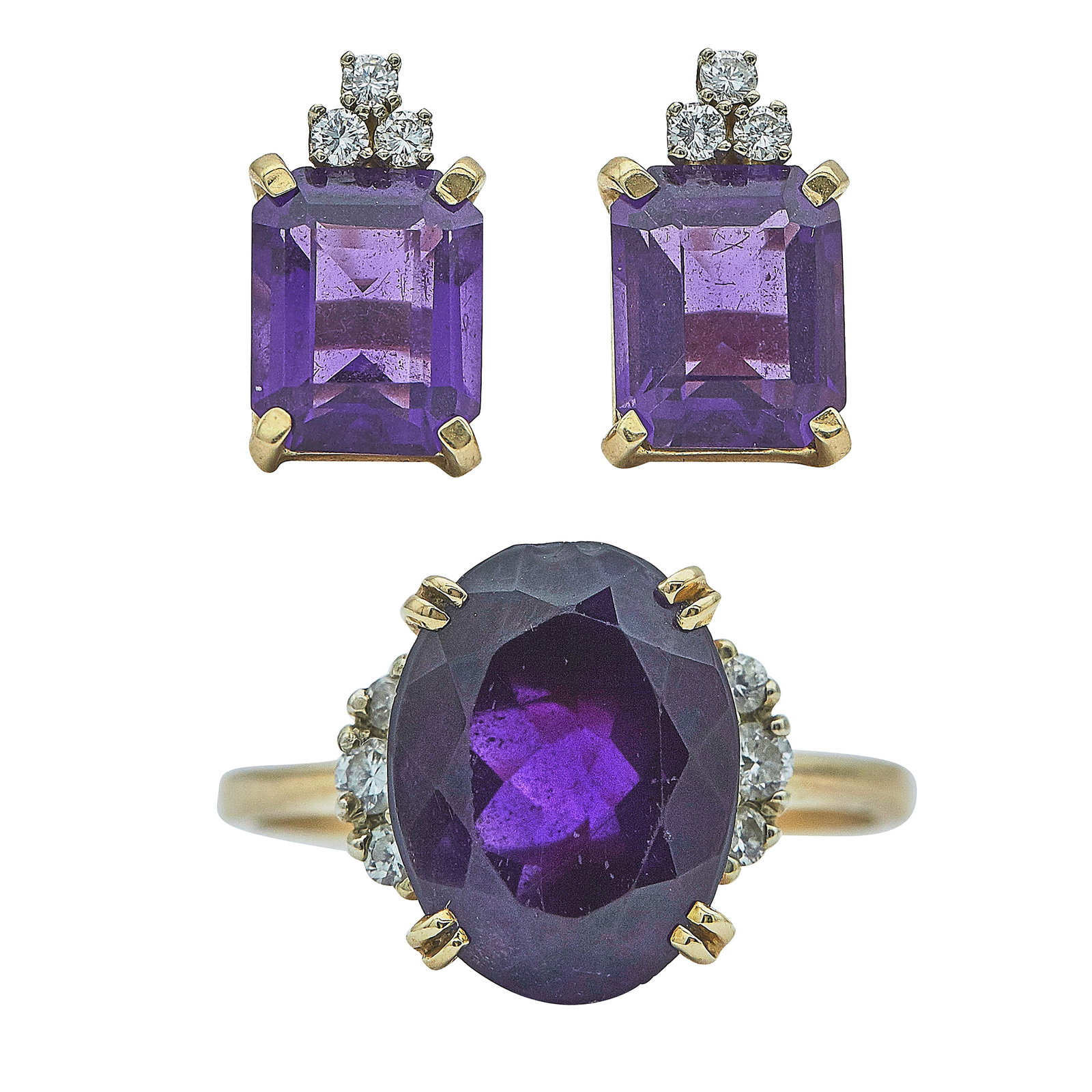 14K Yellow Gold Amethyst and Diamond Earrings and Ring Set (1 of 6)