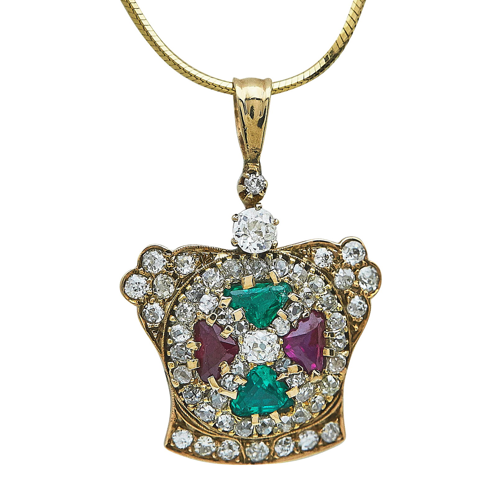 14K Yellow Gold Ruby, Emerald, and Old European Cut Diamond Pendant Necklace (1 of 4)