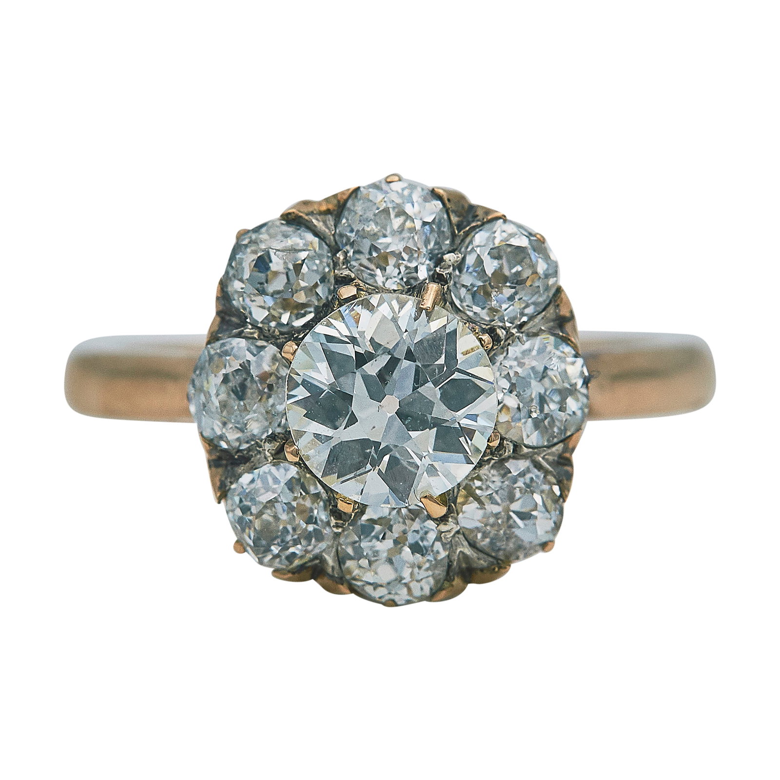 18K Rose Gold Old European and Old Mine Cut Diamond Halo Ring: METAL: 18K Rose Gold; APPROXIMATE TOTAL DIAMOND WEIGHT: 2.16 ctw; GEMSTONES: Center Diamond approx. 1.04 carats, Weight estimated by formula; STAMPED: 750; CONDITION: Pre-owned, Good; ITEM WEIGHT (GRA