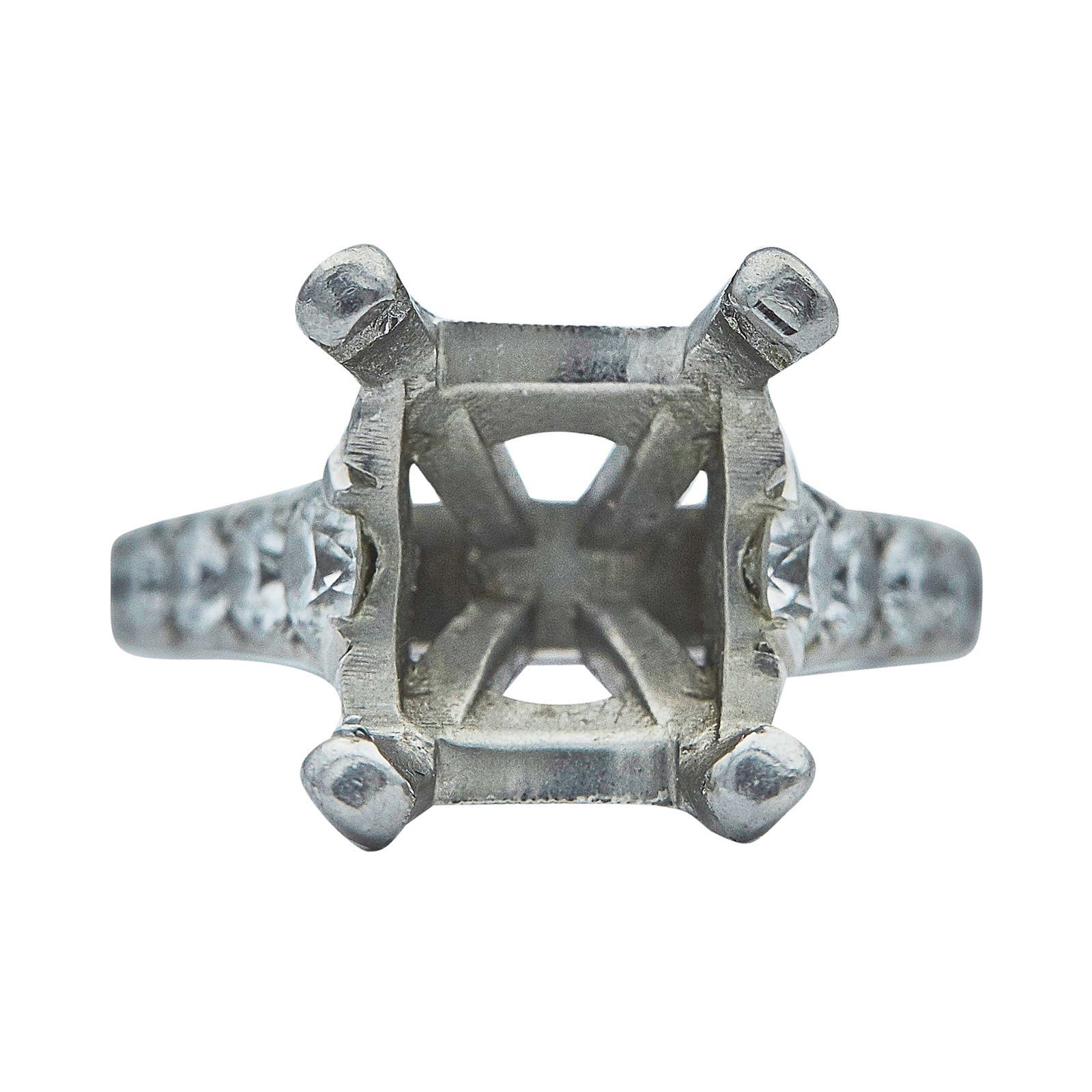 Tacori Platinum and Diamond Ring Setting: BRAND: Tacori; METAL: Platinum; APPROXIMATE TOTAL DIAMOND WEIGHT: 1.27 ctw; STAMPED: Tacori, PLAT; CONDITION: Pre-owned, Good; ITEM WEIGHT (GRAMS): 8.2 g; MEASUREMENTS: Ring size 4, Center will fit ap