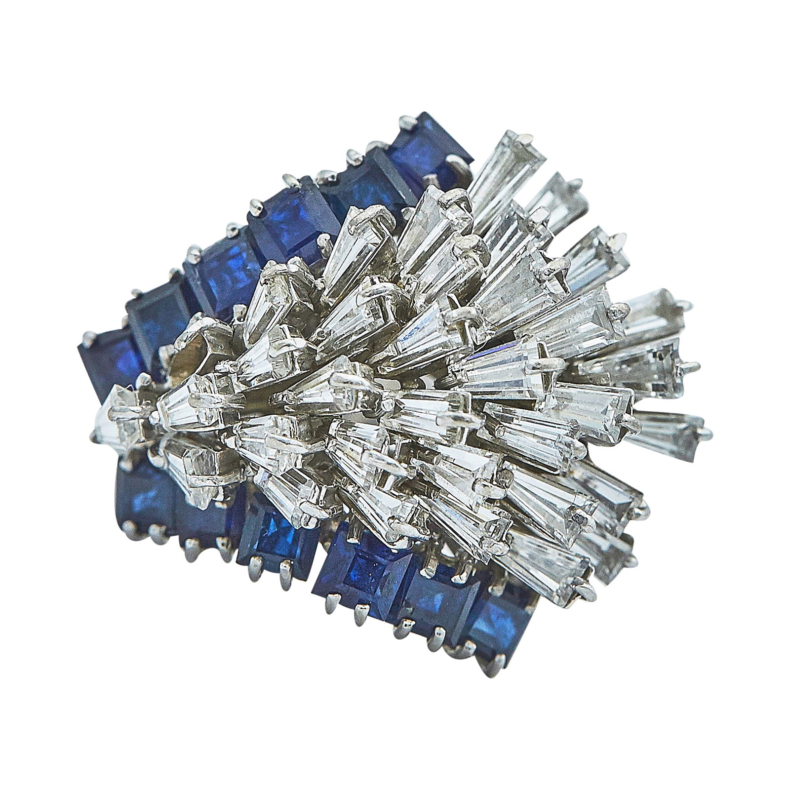 18K White Gold Blue Sapphire and Diamond Cocktail Ring: METAL: 18K White Gold/Platinum; APPROXIMATE TOTAL DIAMOND WEIGHT: 1.92 ctw; GEMSTONES: Sapphire; TESTED: 18K White Gold/Platinum; CONDITION: Pre-owned, Good; ITEM WEIGHT (GRAMS): 11.2 g; MEASUREMENTS:
