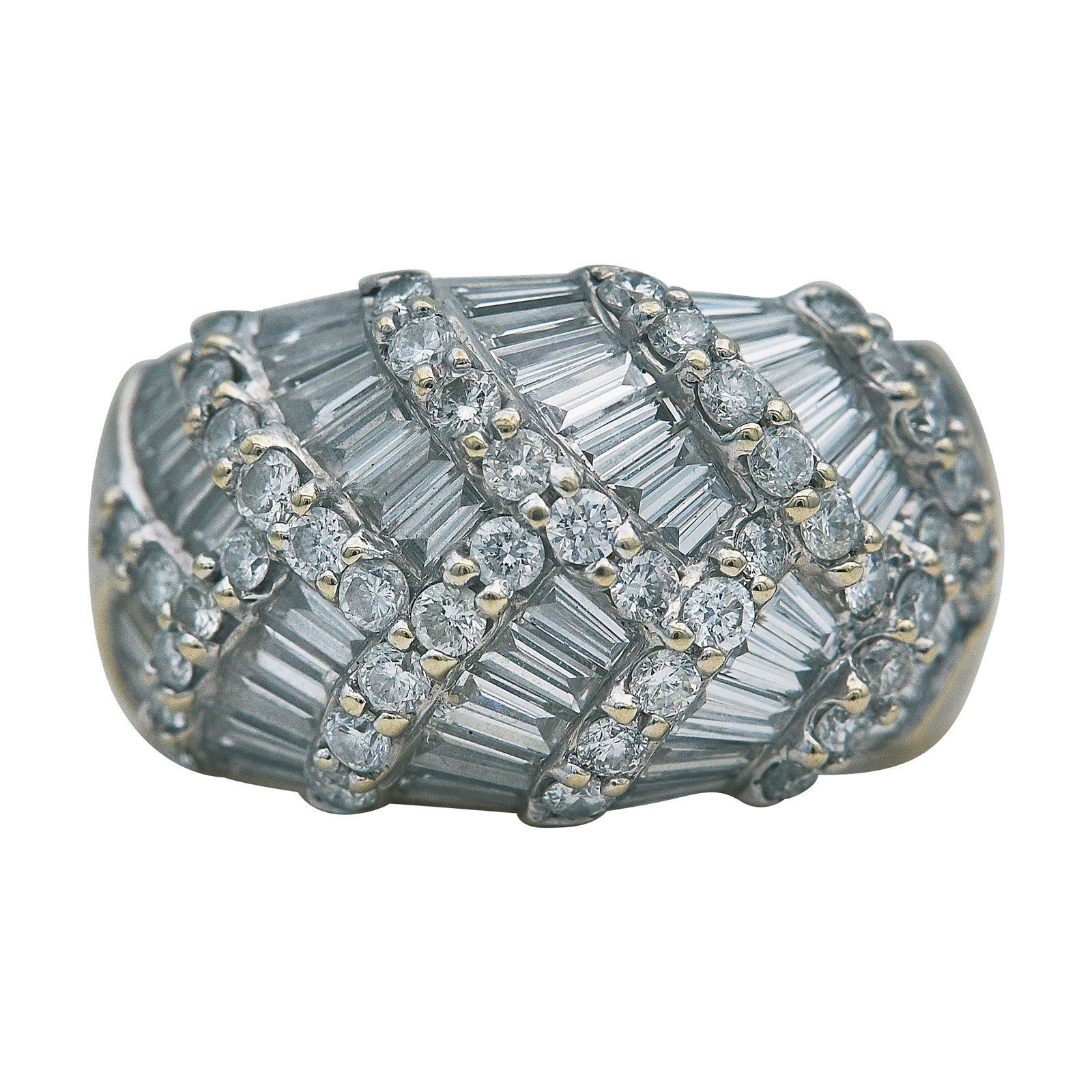 18K White Gold Baguette and Round Cut Diamond Bombe Ring (1 of 3)