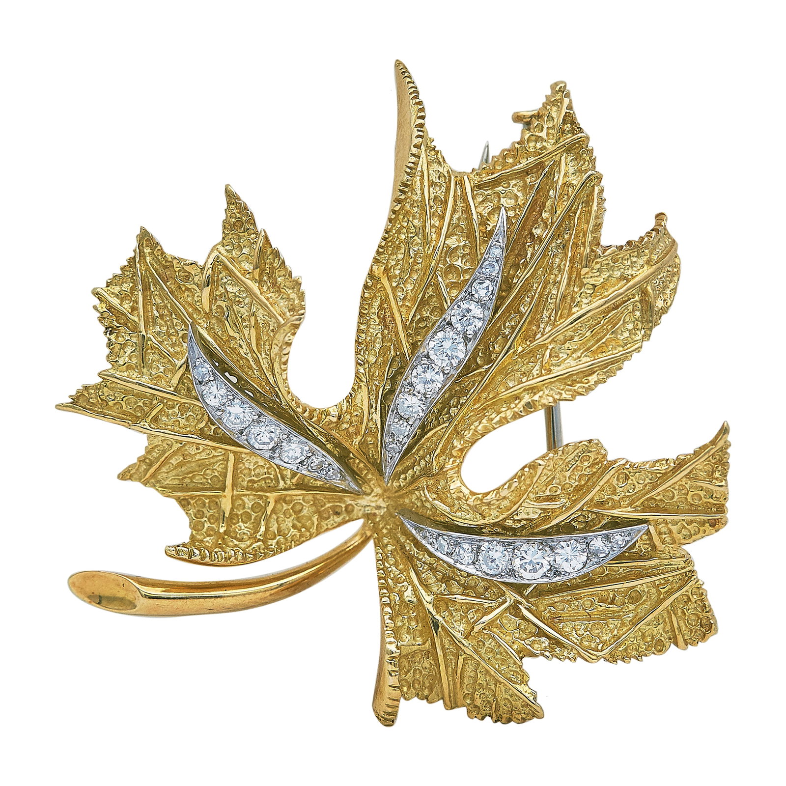 18K Yellow Gold and Diamond Maple Leaf Brooch: METAL: 18K Yellow Gold; APPROXIMATE TOTAL DIAMOND WEIGHT: 0.50 ctw; STAMPED: PP00, 750; CONDITION: Pre-owned, Very Good; ITEM WEIGHT (GRAMS): 22.4 g; MEASUREMENTS: Brooch 1 7/8 inch long x 1 7/8 inch 