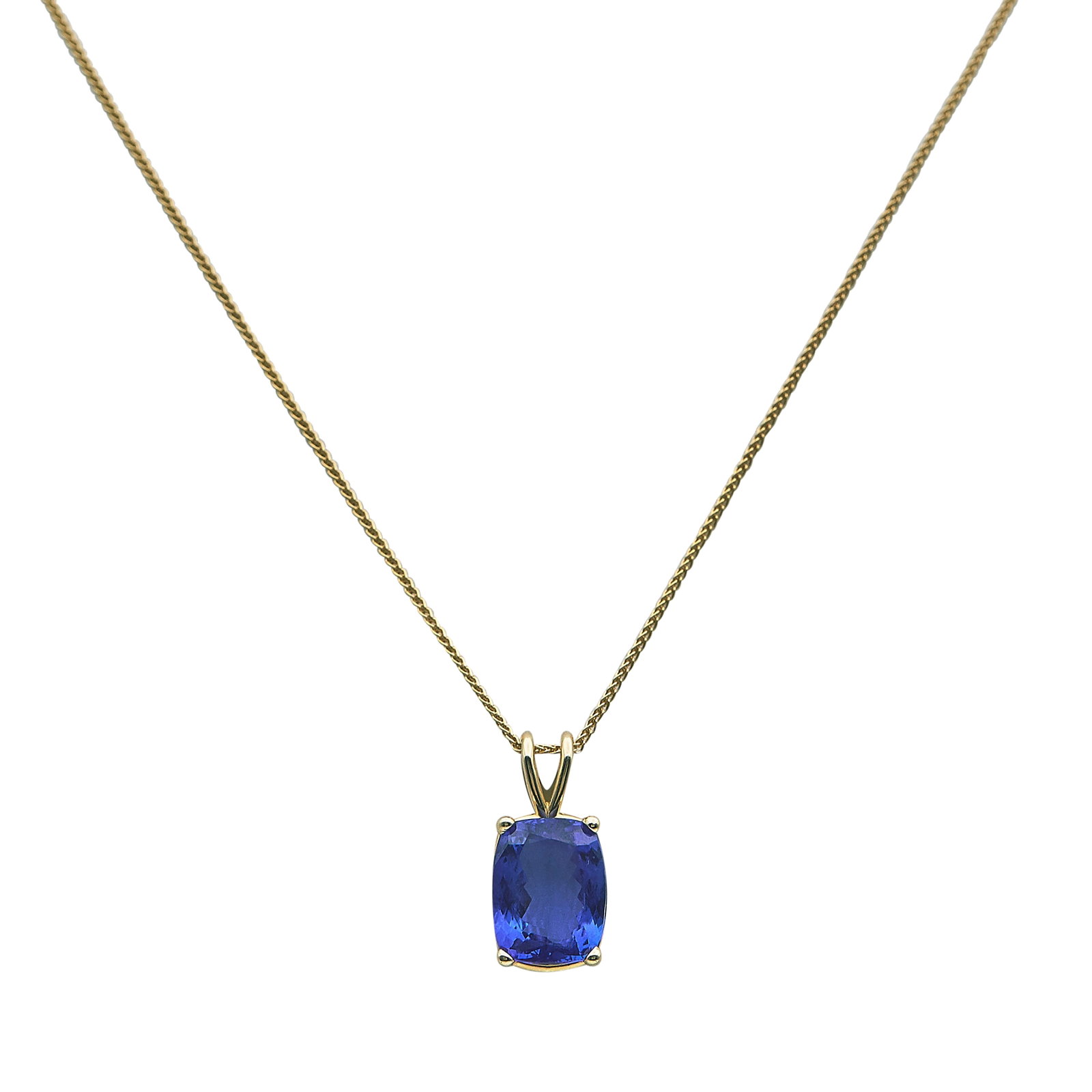 14K Yellow Gold and Tanzanite Pendant Necklace: METAL: 14K Yellow Gold; GEMSTONES: Tanzanite approx. 4.26 carats, Weight estimated by formula; STAMPED: 14K, RCI, JD; CONDITION: Pre-owned, Very Good; ITEM WEIGHT (GRAMS): 6.2 g; MEASUREMENTS: Chain 2
