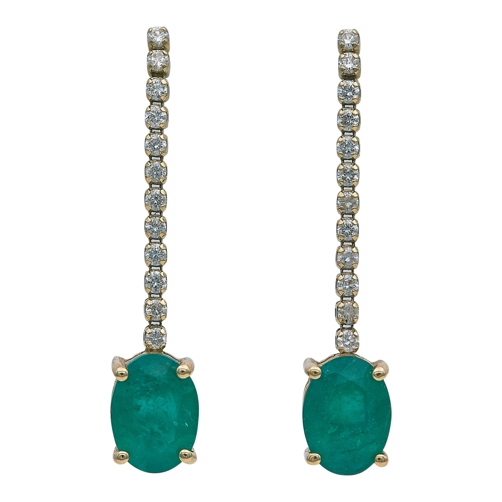 EFFY 14K Yellow Gold Oval Cut Emerald and Diamond Drop Earrings: BRAND: EFFY; METAL: 14K Yellow Gold; STAMPED: 14K, EFFY; CONDITION: Pre-owned, Very Good; ITEM WEIGHT (GRAMS): 2.38 g; MEASUREMENTS: Earrings 1 1/8 inch long; ADDITIONAL COMMENTS: With posts for pierc