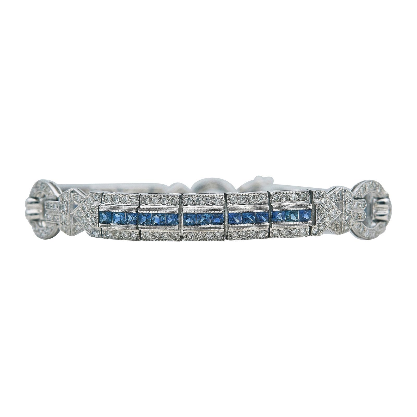 18K White Gold Sapphire and Diamond Link Bracelet: METAL: 18K White Gold; APPROXIMATE TOTAL DIAMOND WEIGHT: 2.40 ctw; GEMSTONES: Sapphires; STAMPED: 18K, 750; CONDITION: Pre-owned, Very Good; ITEM WEIGHT (GRAMS): 31.9 g; MEASUREMENTS: Bracelet 6 7/8 i