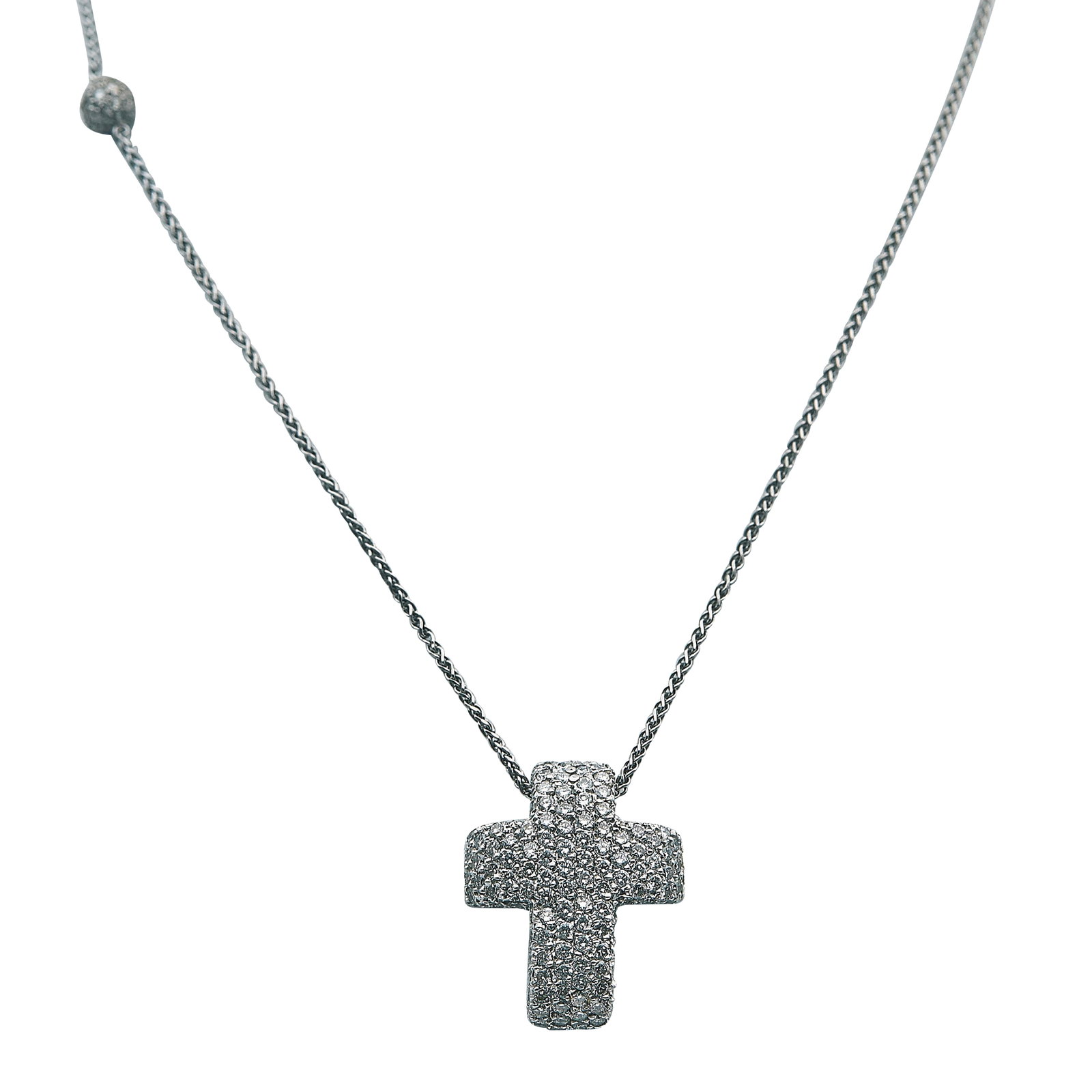 18K and 14K White Gold Diamond Pave Cross Pendant Necklace: METAL: 14K/18K White Gold; APPROXIMATE TOTAL DIAMOND WEIGHT: 1.65 ctw; STAMPED: Chain marked: 585, Italy, Pendant marked: 18K; CONDITION: Pre-owned, Very Good; ITEM WEIGHT (GRAMS): 12.4 g; MEASUREMENT
