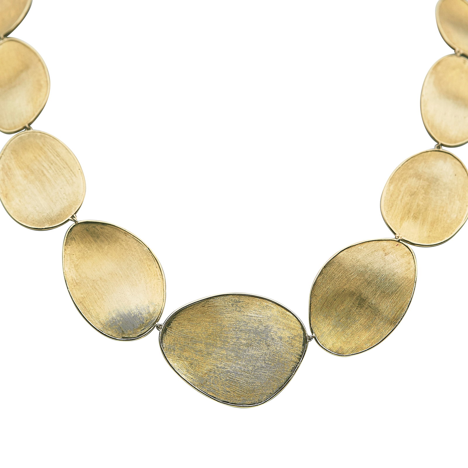 Marco Bicego Lunaria 18K Yellow Gold Graduated Collar Necklace: BRAND: Marco Bicego; METAL: 18K Yellow Gold; STAMPED: MARCO BICEGO, Made in Italy, 750; CONDITION: Pre-owned, Very Good; ITEM WEIGHT (GRAMS): 32.9 g; MEASUREMENTS: Necklace 18 1/2 inches long