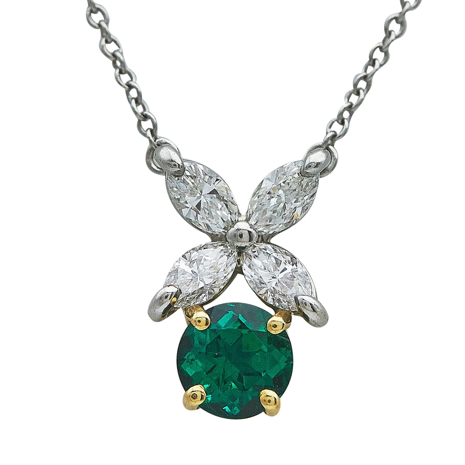 Tiffany & Co. Victoria Platinum and 18K Yellow Gold Emerald and Diamond Pendant Necklace: BRAND: Tiffany & Co.; COLLECTION: Victoria; METAL: Platinum/18K Yellow Gold; APPROXIMATE TOTAL DIAMOND WEIGHT: 0.44 ctw; GEMSTONES: Emerald approx. 5.69 mm in diameter; STAMPED: Pendant marked: serial