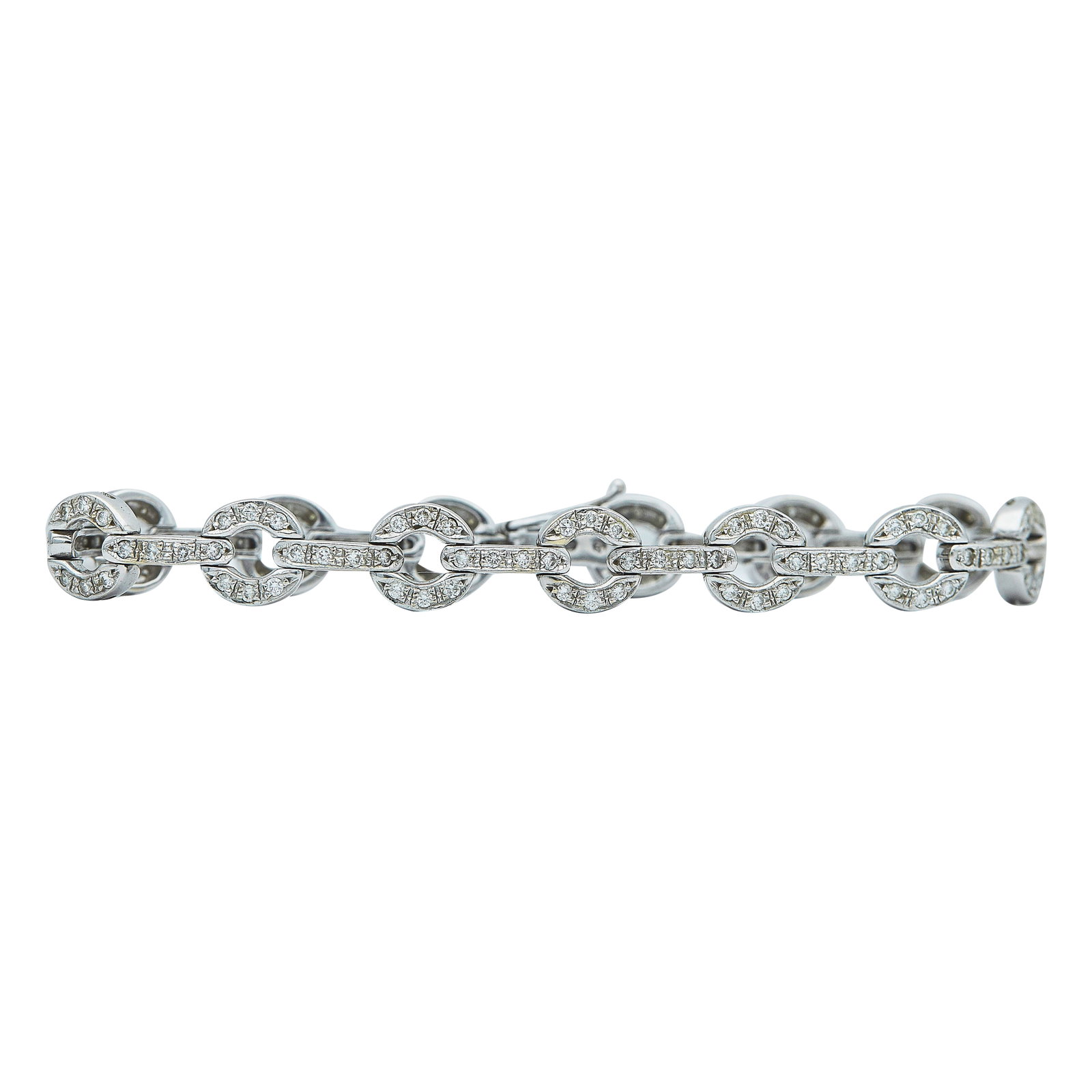 18K White Gold and Diamond Link Bracelet: METAL: 18K White Gold; APPROXIMATE TOTAL DIAMOND WEIGHT: 1.89 ctw; STAMPED: 18Kt, 750, GR; CONDITION: Pre-owned, Very Good; ITEM WEIGHT (GRAMS): 19 g; MEASUREMENTS: Bracelet 7 inches long