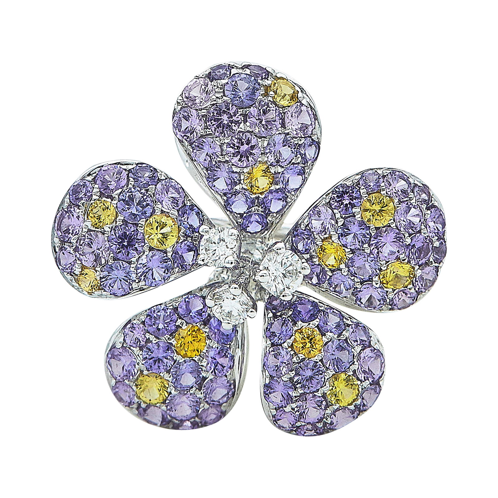 18K White Gold Purple Sapphire, Yellow Sapphire, and Diamond Flower Pendant Brooch (1 of 3)