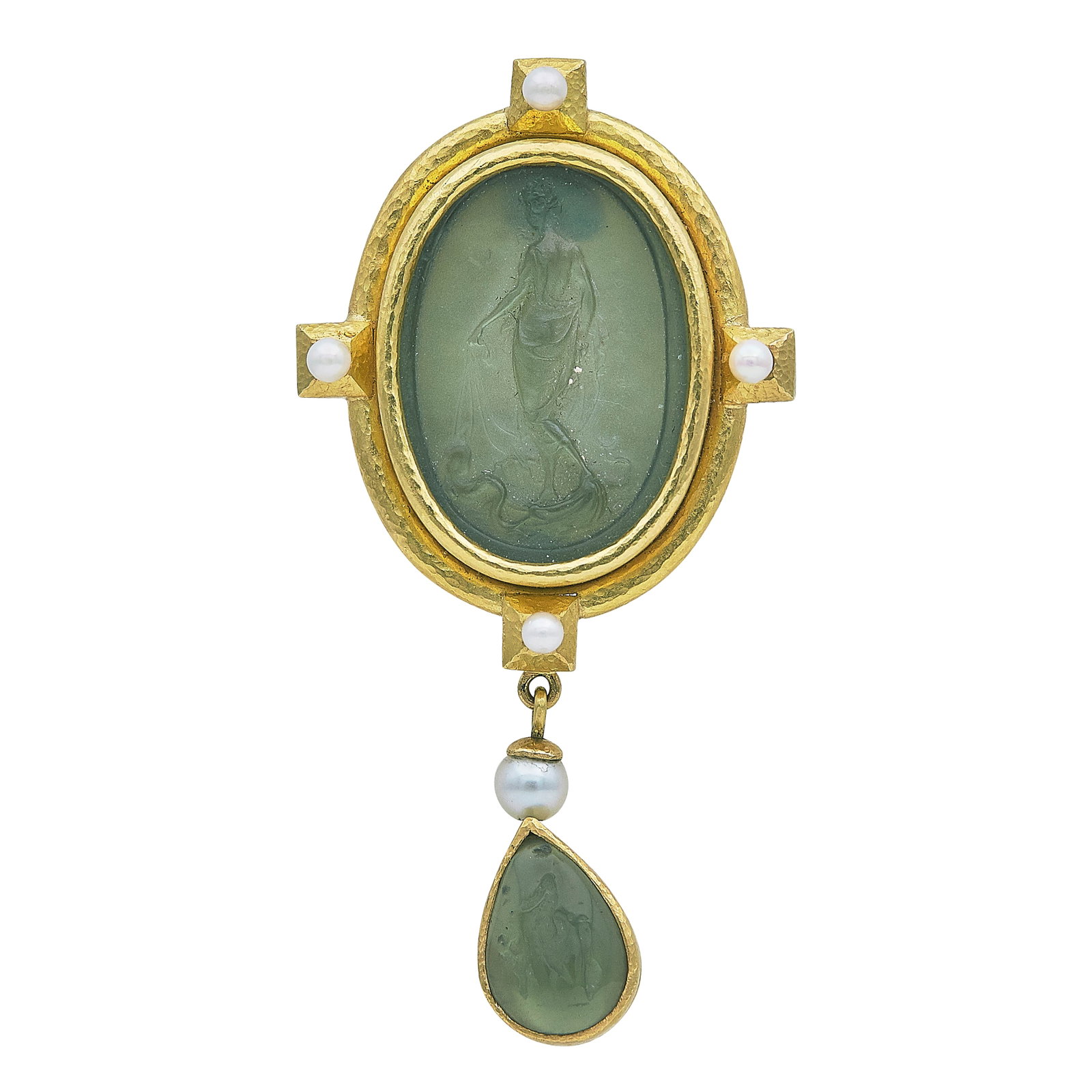 Elizabeth Locke 18K Yellow Gold Glass Intaglio and Pearl Pendant Brooch: BRAND: Elizabeth Locke; METAL: 18K Yellow Gold; GEMSTONES: Pearl, Mother of Pearl backed Glass Intaglios; STAMPED: Maker's mark, 18K; CONDITION: Pre-owned; ITEM WEIGHT (GRAMS): 28.6 g; MEASUREMENTS: P