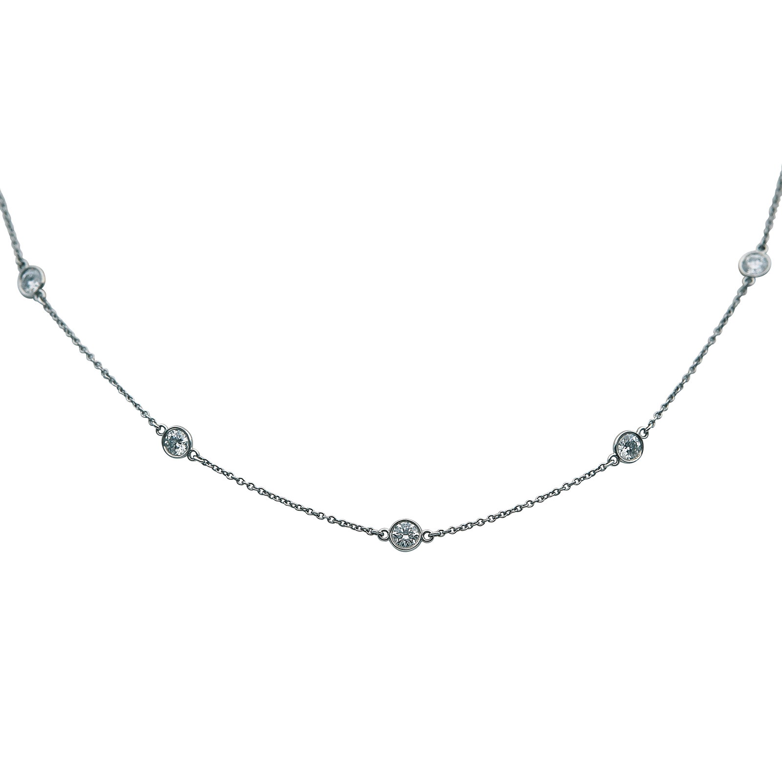 Elsa Peretti for Tiffany & Co. Diamonds by the Yard Platinum and Diamond Necklace: BRAND: Elsa Peretti for Tiffany & Co.; COLLECTION: Diamonds by the Yard; METAL: Platinum; APPROXIMATE TOTAL DIAMOND WEIGHT: 1.54 ctw; STAMPED: Tiffany & co., Pt950, © Peretti; CONDITION: Pre-owned, E