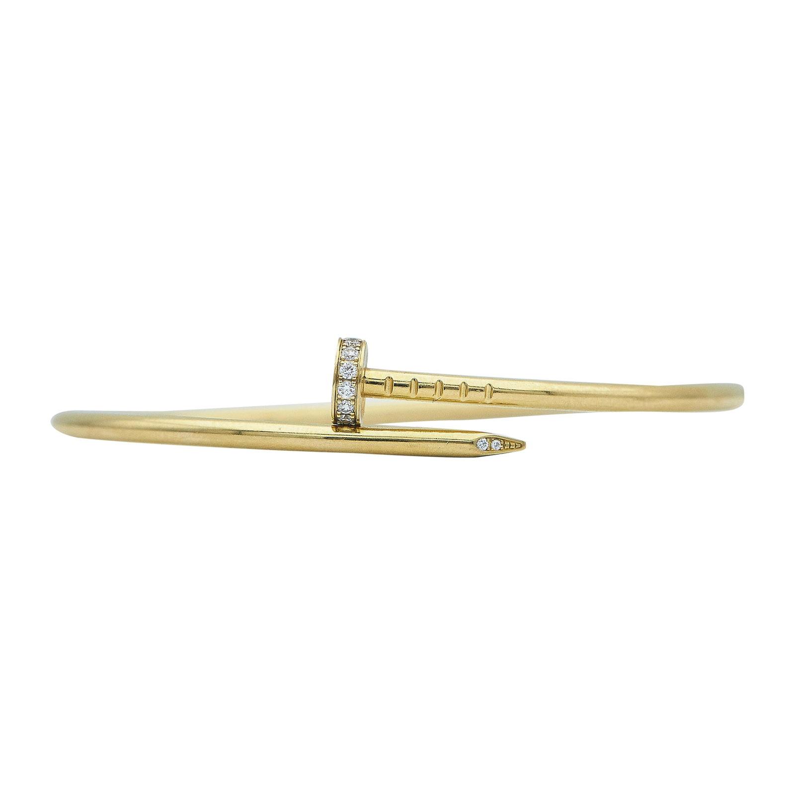 Cartier Juste un Clou Small 18K Yellow Gold and Diamond Bracelet: BRAND: Cartier; COLLECTION: Juste un Clou; METAL: 18K Yellow Gold; CARAT WEIGHT: 0.18 ctw; APPROXIMATE TOTAL DIAMOND WEIGHT: 0.17 ctw; STAMPED: © Cartier 16, serial number, Au750, maker's mark; CONDI