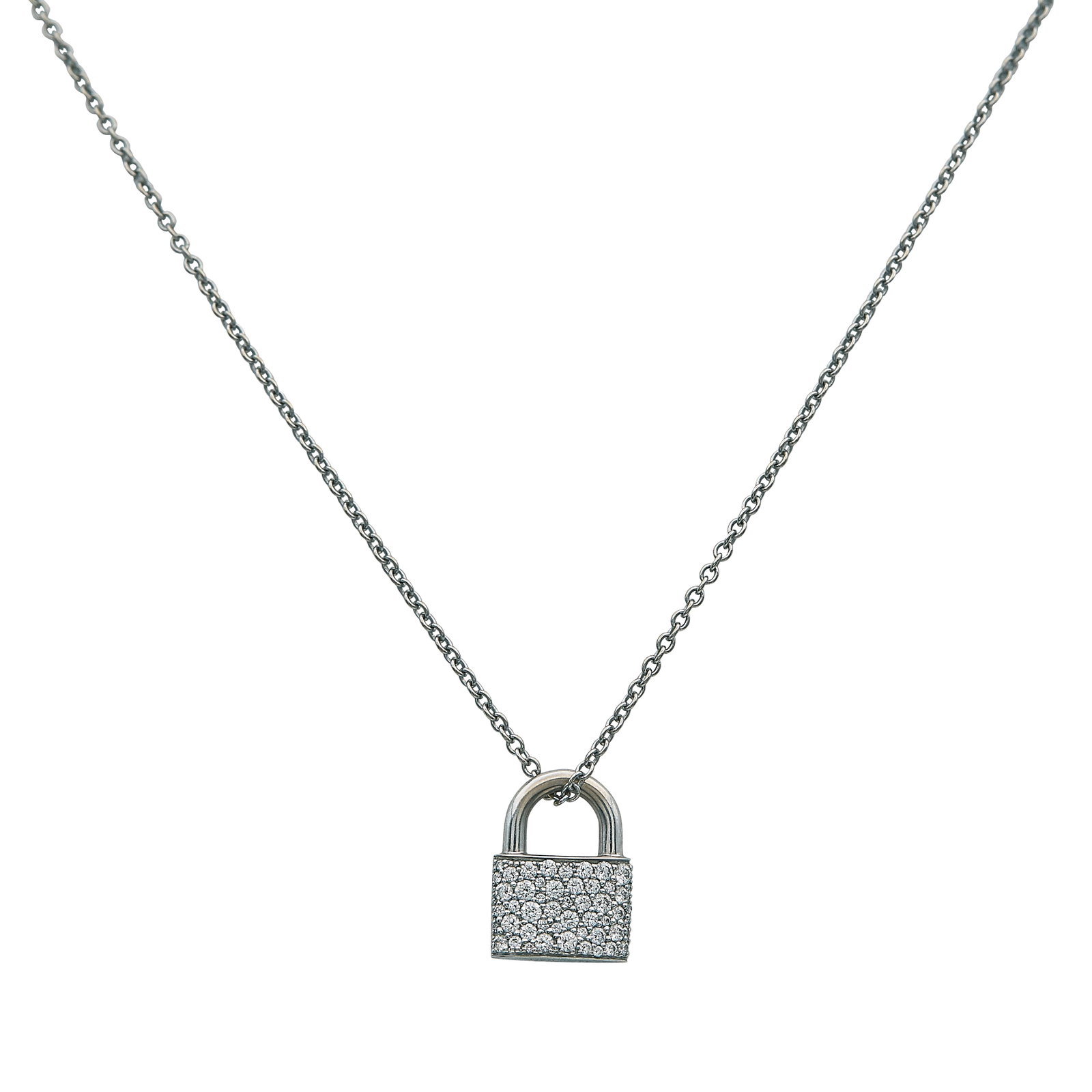 Tiffany & Co. Tiffany Lock 18K White Gold Diamond Pave Pendant Necklace: BRAND: Tiffany & Co.; COLLECTION: Tiffany Lock; METAL: 18K White Gold; APPROXIMATE TOTAL DIAMOND WEIGHT: 1.35 ctw; STAMPED: Pendant marked: Tiffany & Co., New York; Chain marked: © Tiffany & Co., Au7