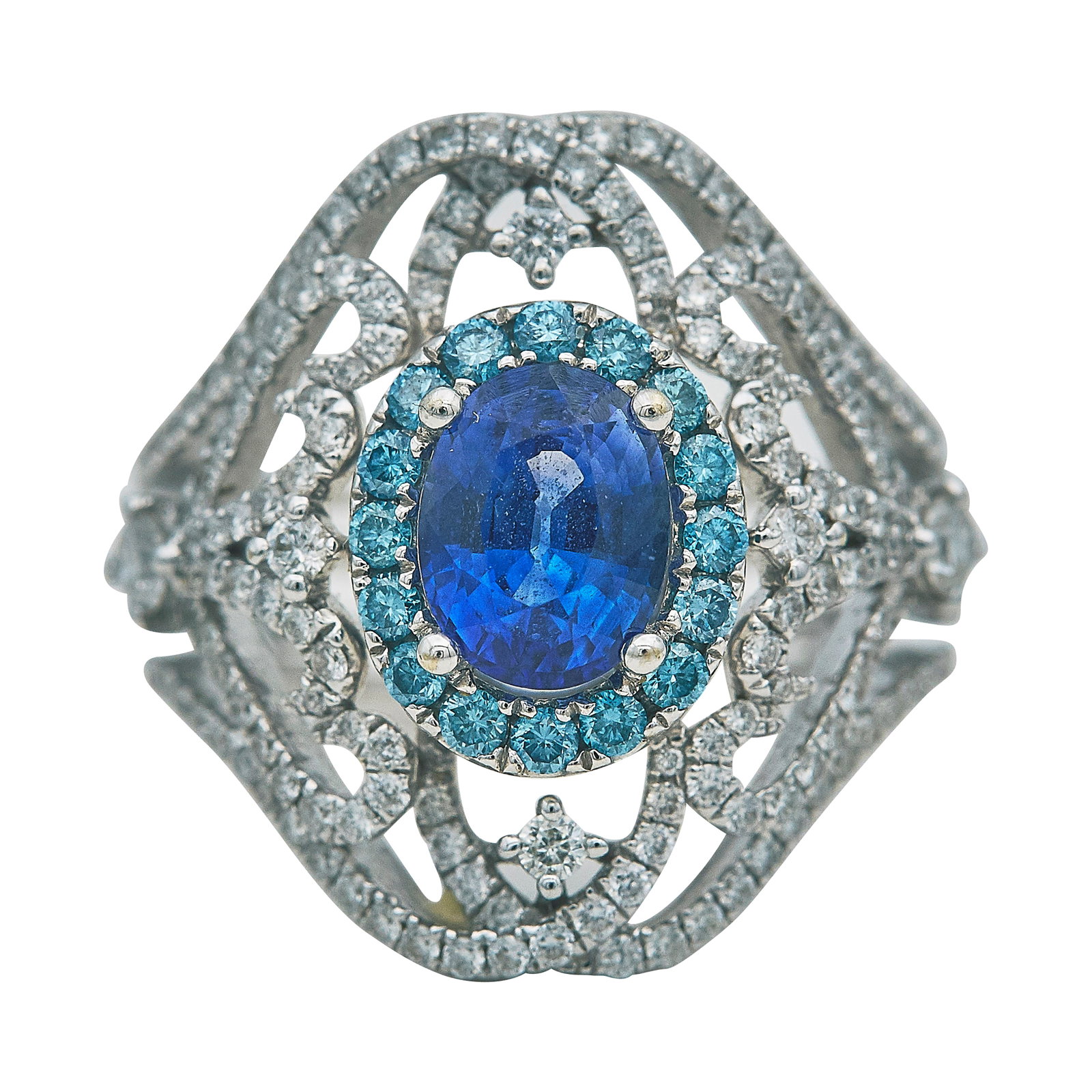 18K White Gold Sapphire, Diamond, and Blue Zircon Ring: METAL: 18K White Gold; APPROXIMATE TOTAL DIAMOND WEIGHT: 1.35 ctw; GEMSTONES: Sapphire approx. 1.89 carats, Weight estimated by formula, Blue Zircons; STAMPED: 18K, 750, D1.35, S1.89; CONDITION: Pre-o