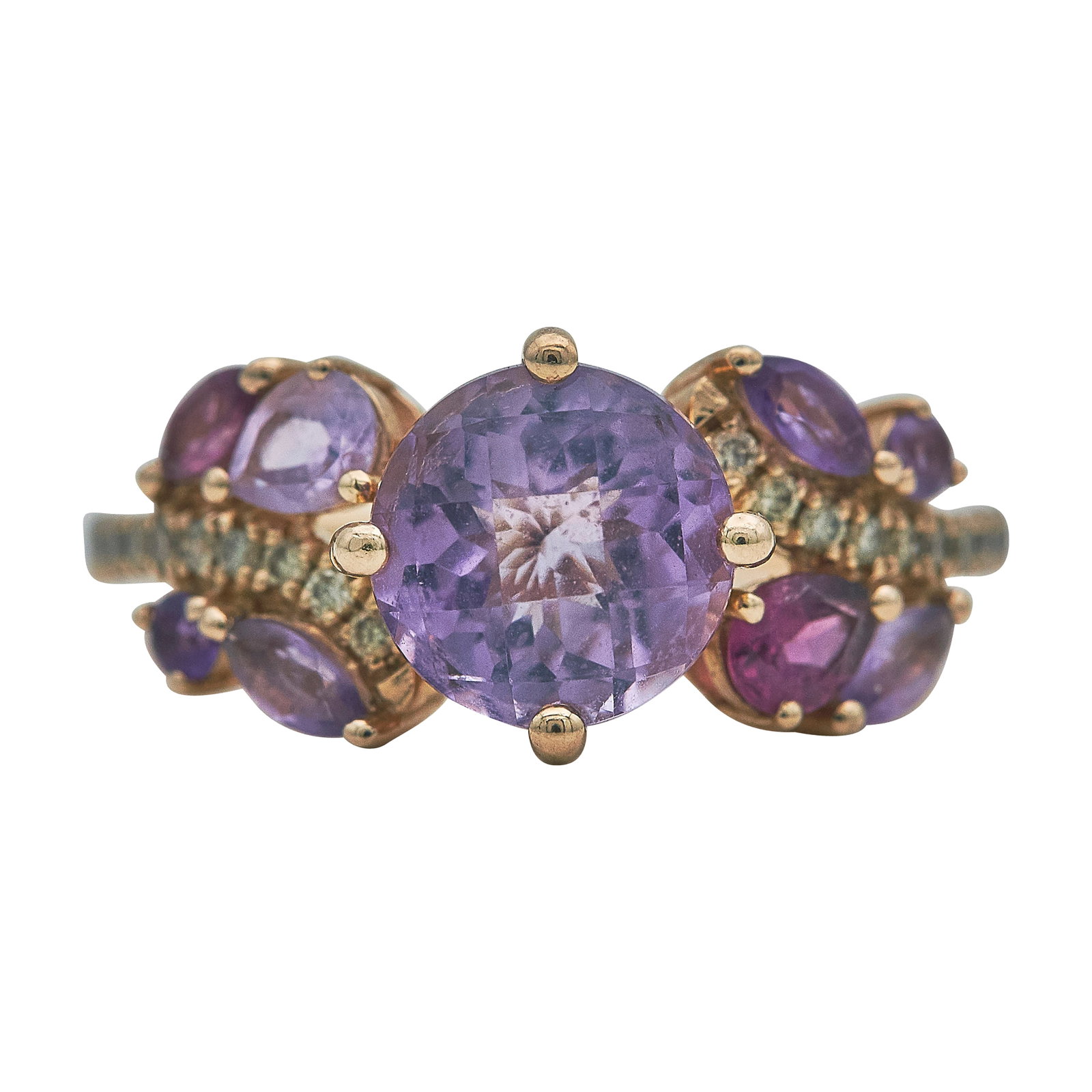Le Vian 14K Rose Gold Amethyst and Diamond Ring: BRAND: Le Vian; METAL: 14K Rose Gold; APPROXIMATE TOTAL DIAMOND WEIGHT: 0.10 ctw; GEMSTONES: Amethyst; STAMPED: LeVian, 14KT; CONDITION: Pre-owned, Very Good; ITEM WEIGHT (GRAMS): 4.2 g; MEASUREMENTS: