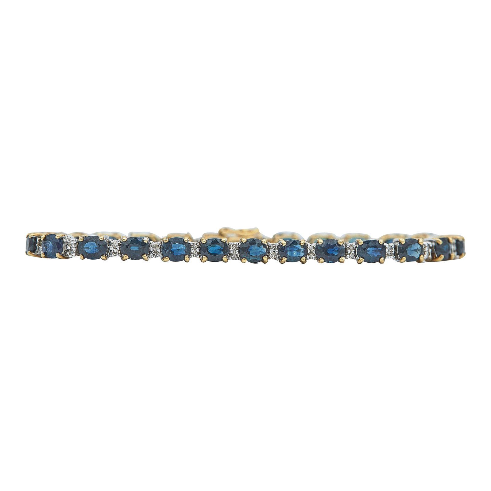 14K Yellow and White Gold Sapphire and Diamond Tennis Bracelet: METAL: 14K Yellow Gold/White Gold; APPROXIMATE TOTAL DIAMOND WEIGHT: 0.26 ctw; STAMPED: 14K; CONDITION: Pre-owned, Good; ITEM WEIGHT (GRAMS): 12.4 g; MEASUREMENTS: Bracelet 6 7/8 inches long; ADDITION